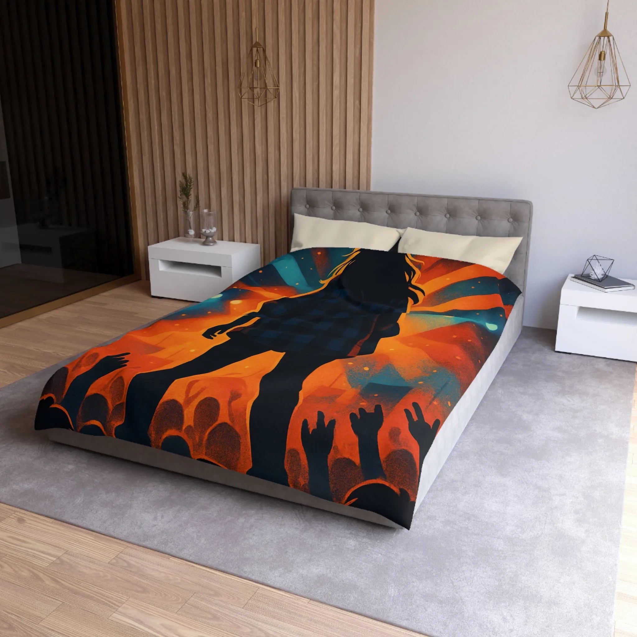 Housse de couette concert silhouette musicien rétro rayons de lumière colorés scène