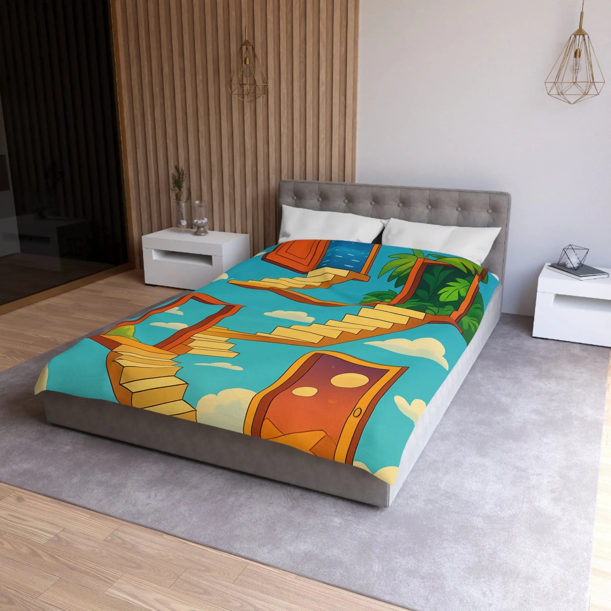 Housse de couette avec escaliers infinis et paysage surréaliste, ciel étoilé