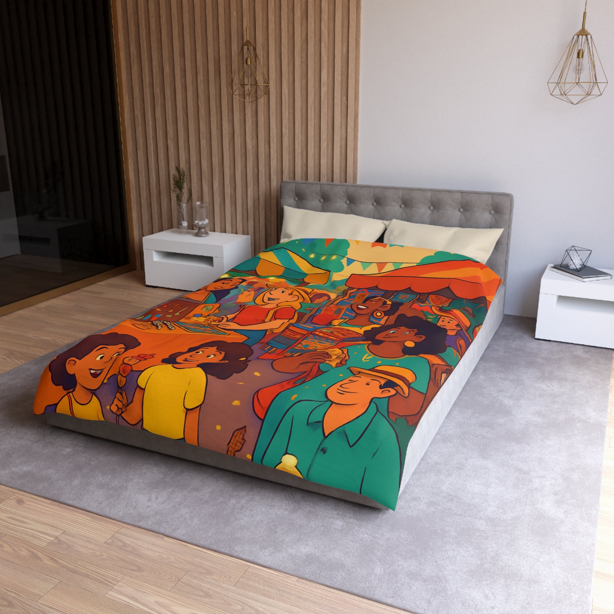 Housse de couette pour enfants avec design marché coloré de nuit animé et festif