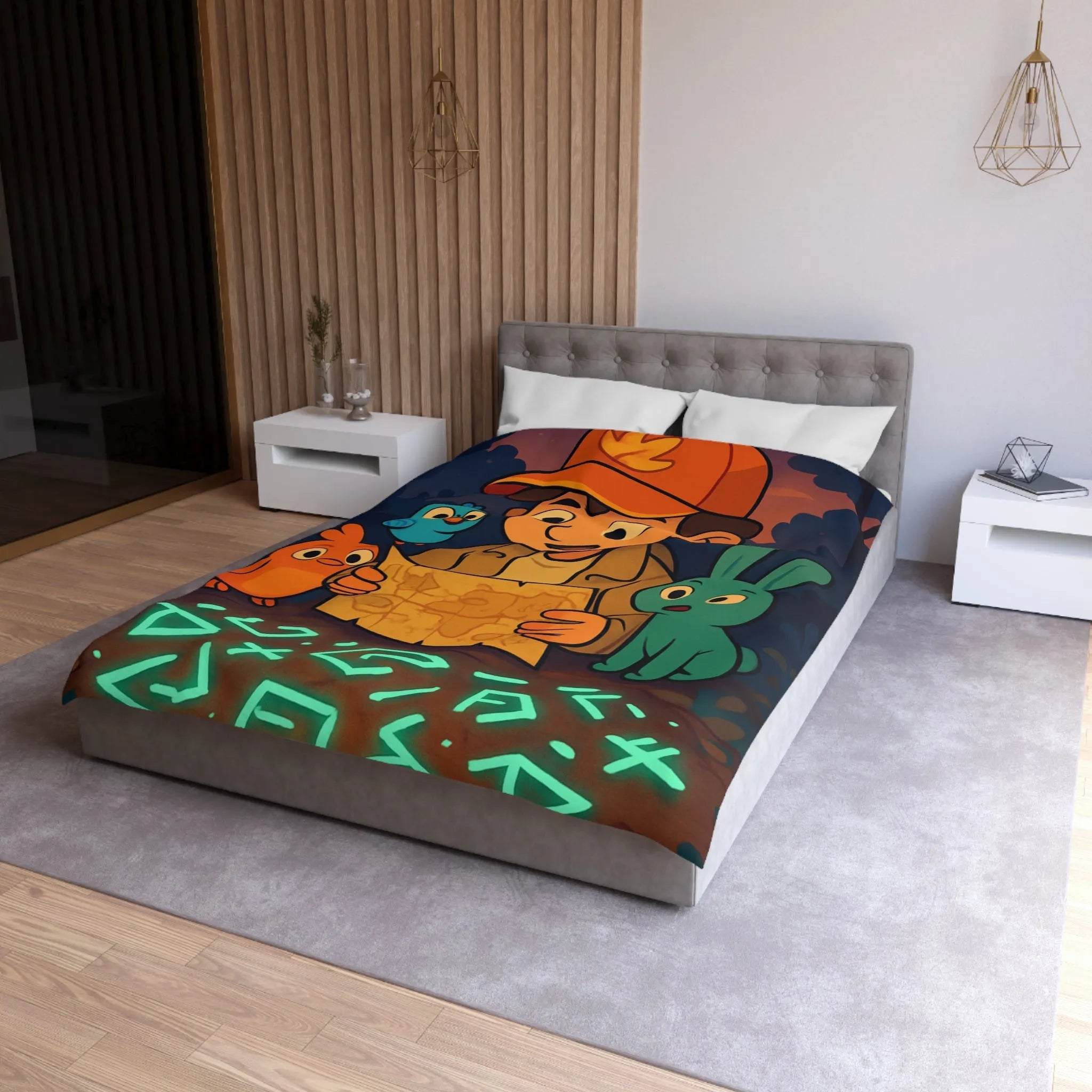 Housse de Couette Enfantine avec Animaux et Carte Lumineuse dans Forêt Mystérieuse