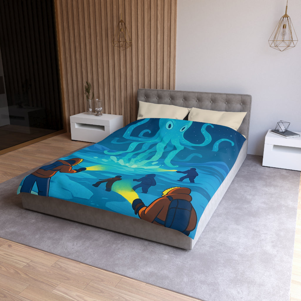 Nuit polaire avec pieuvre géante luminescente sous ciel étoilé et aventuriers en doudoune