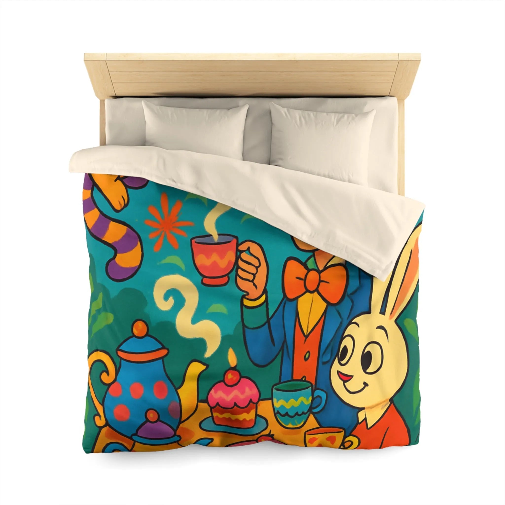 Housse de couette colorée avec scène de thé joyeuse inspirée d'un conte fantaisiste