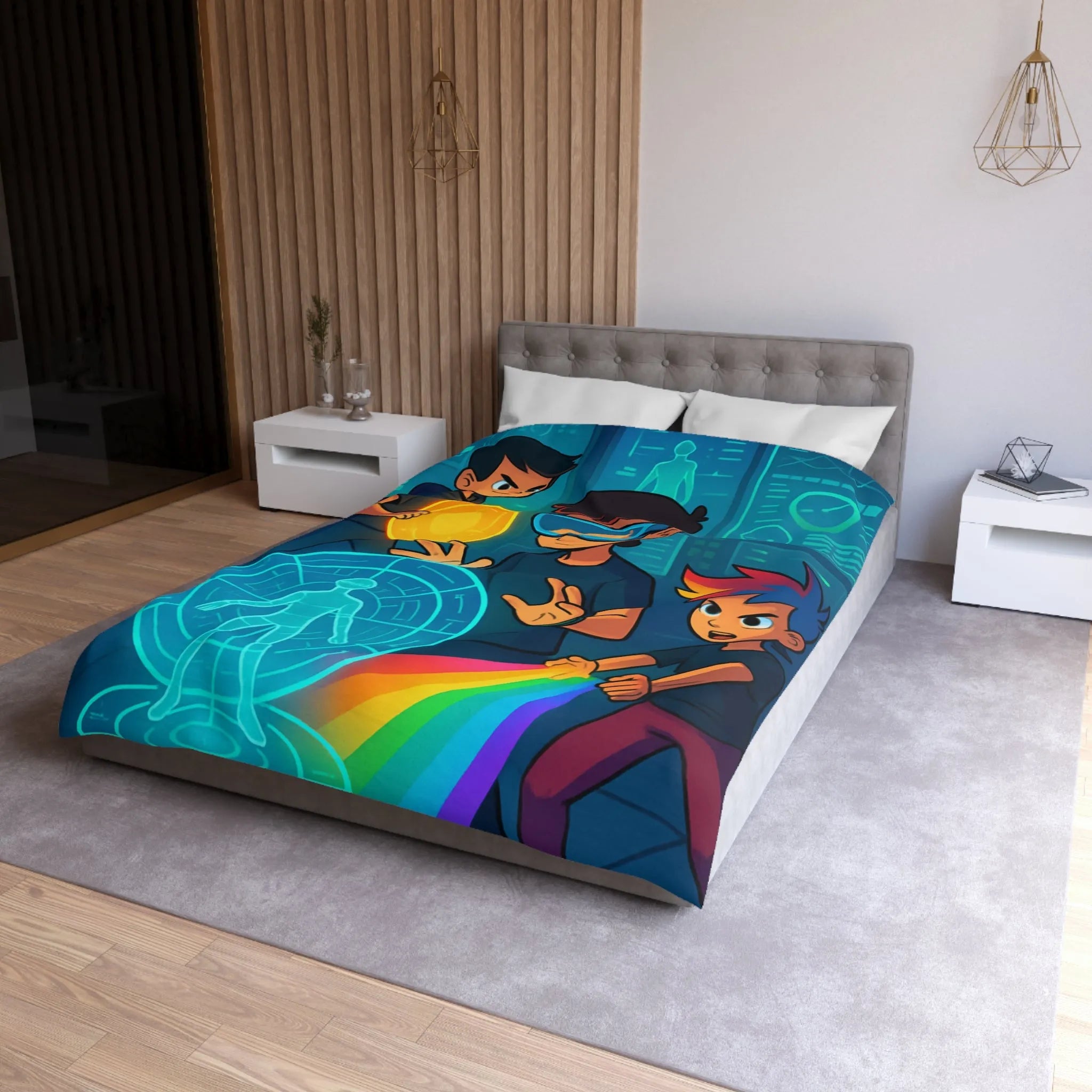 Housse de couette colorée avec enfants explorant un monde futuriste numérique et lumineux