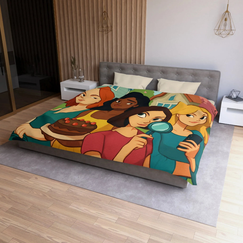 Housse de Couette Illustrée Fête Femme Jardin avec Loupe Gâteau et Téléphone
