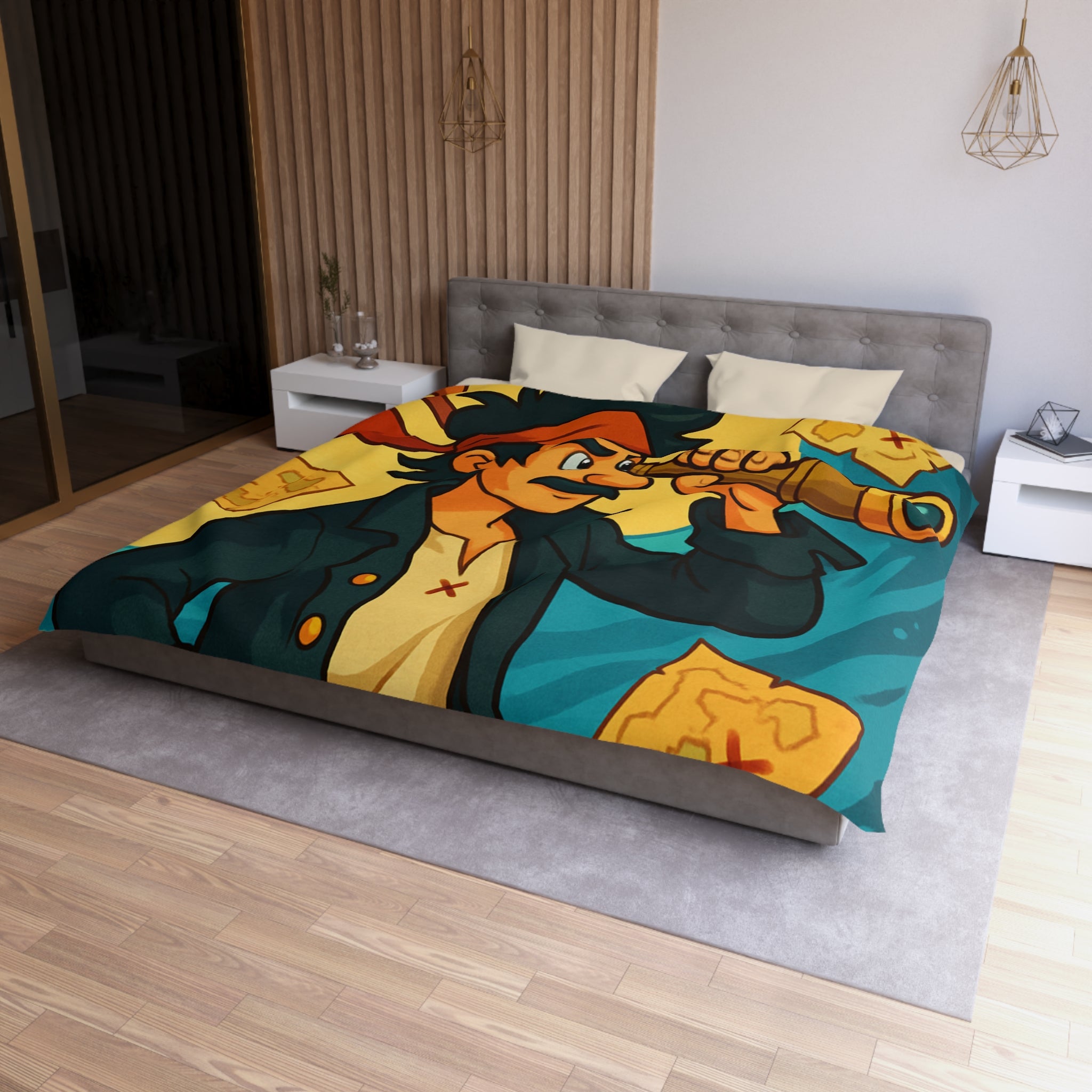 Housse de Couette Pirate pour Chambre Adulte avec Carte Trésor et Vagues Océaniques