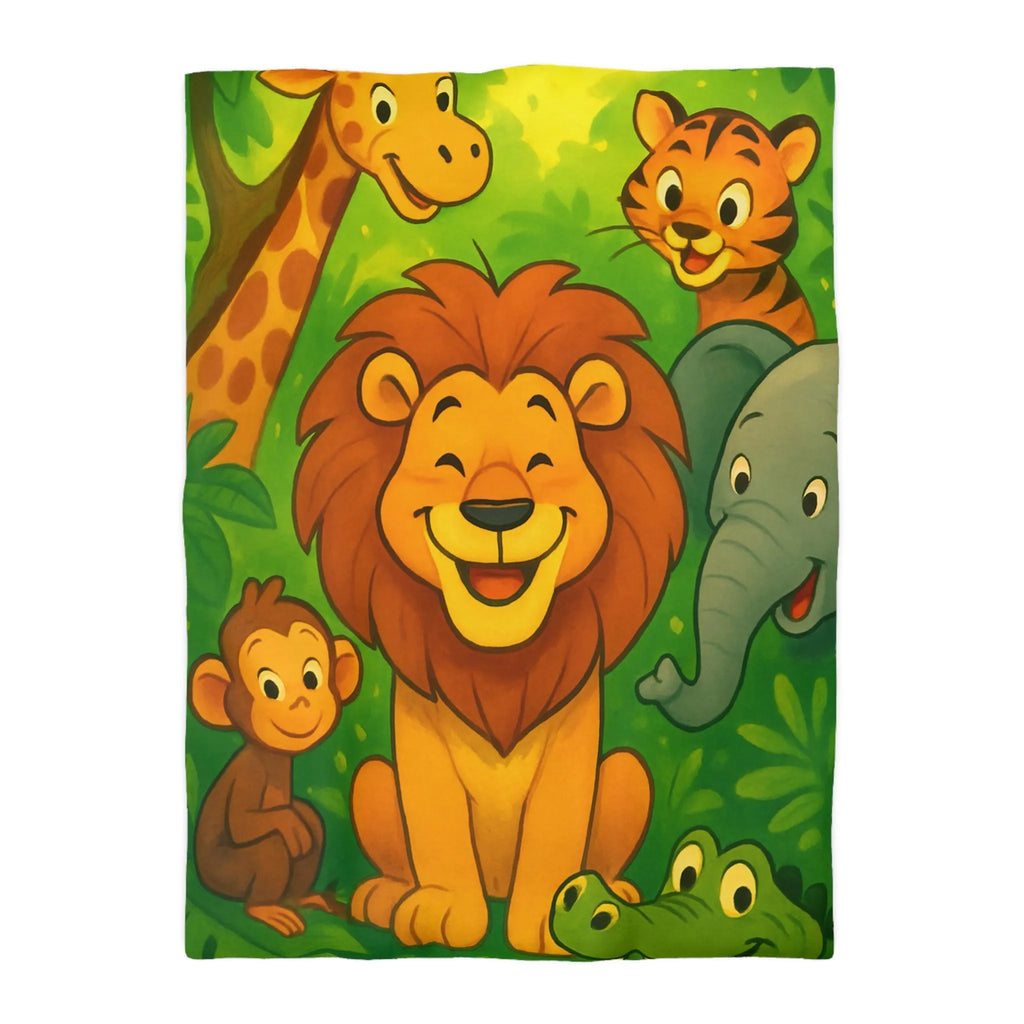 Housse de couette enfant jungle avec animaux joyeux, lion, tigre, girafe, éléphant