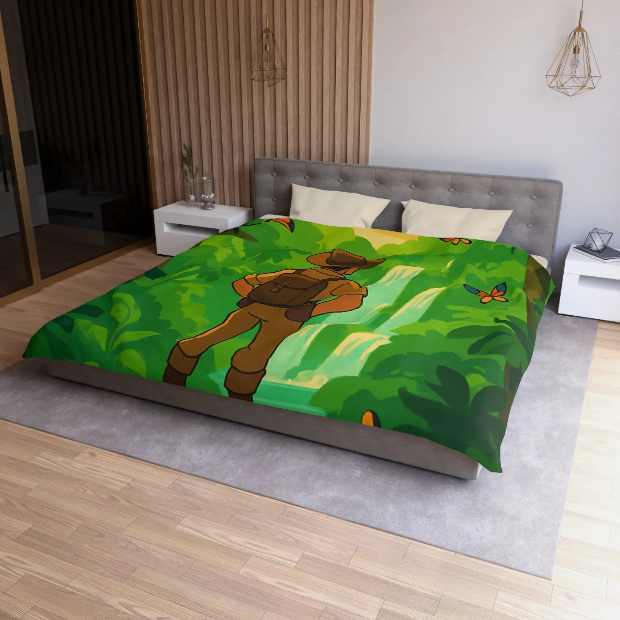 Housse de couette jungle exotique avec explorateur, toucan et paysages luxuriants