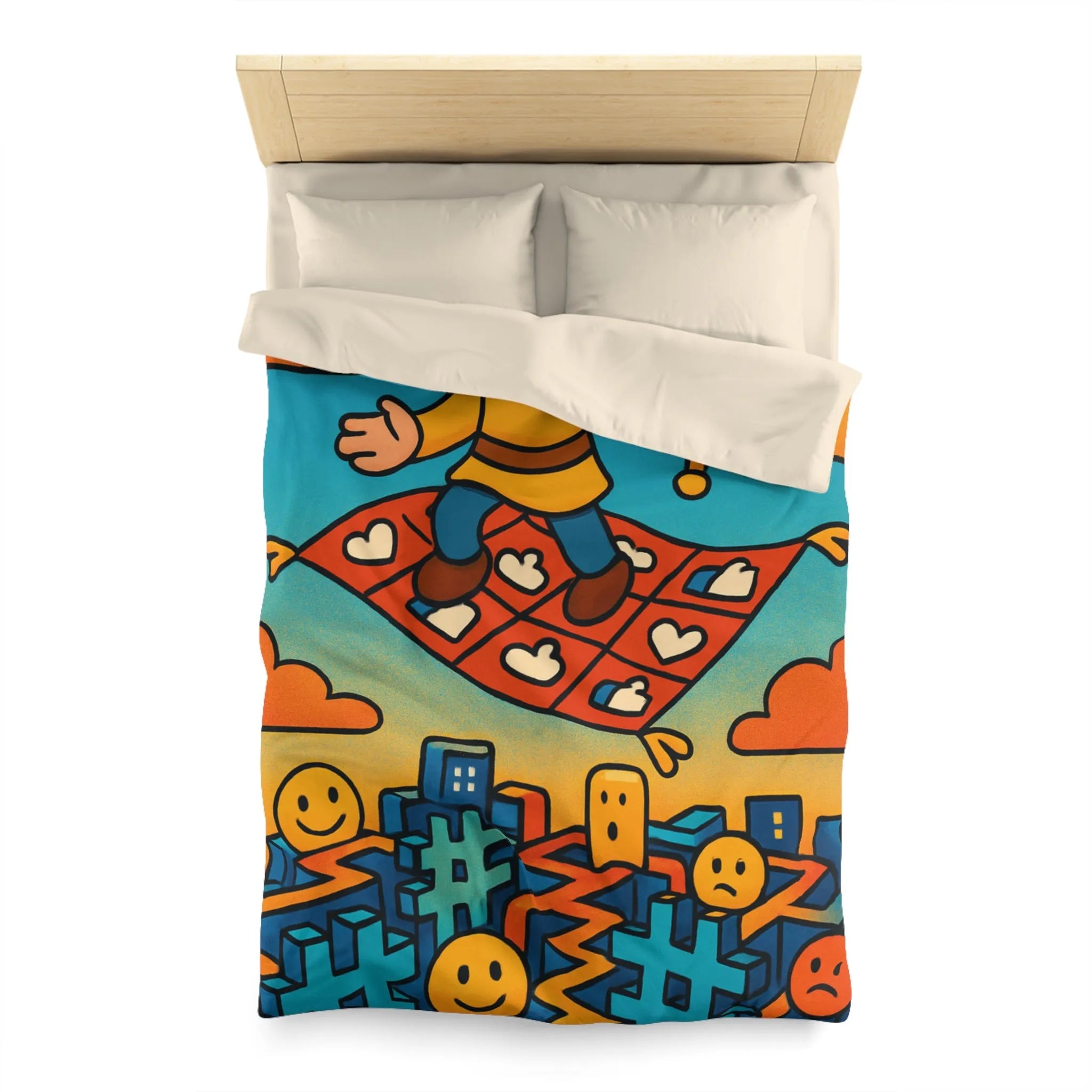 Housse de couette colorée avec un personnage sur un tapis volant magique