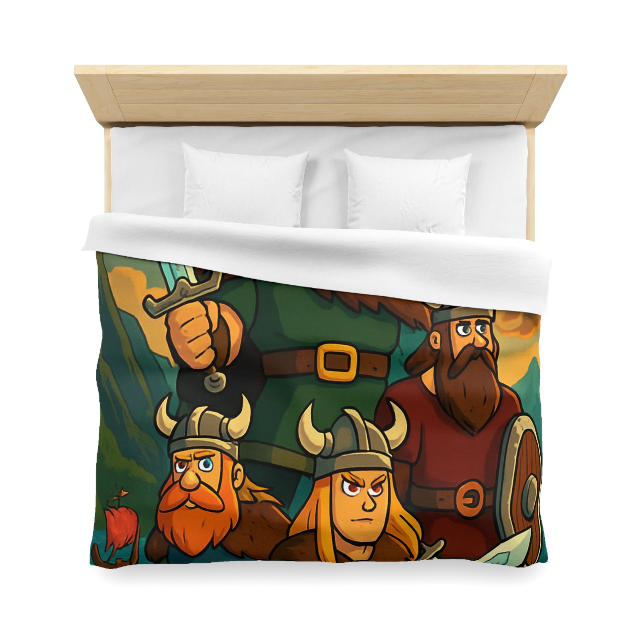 Housse de couette viking épique avec des guerriers et paysage dramatique
