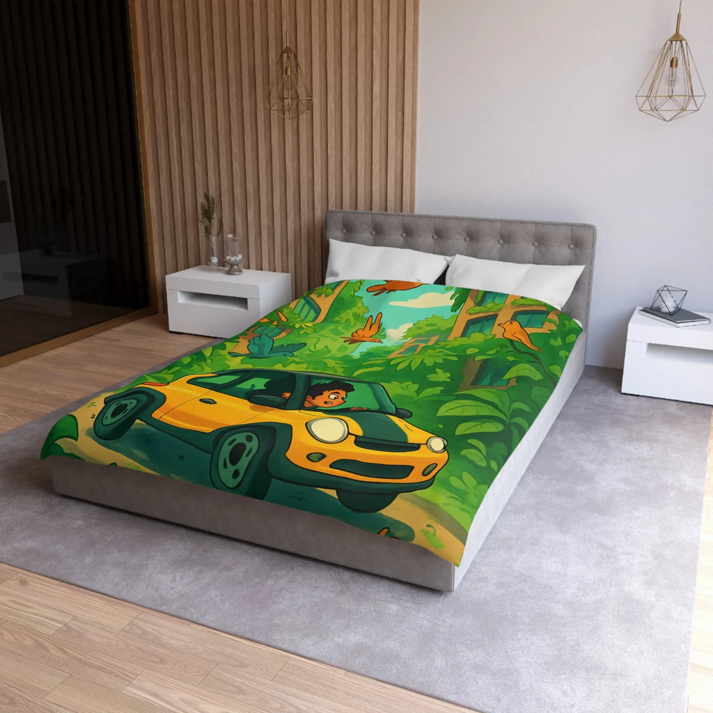 Housse de couette colorée avec voiture jaune et jungle luxuriante pour enfants aventureux
