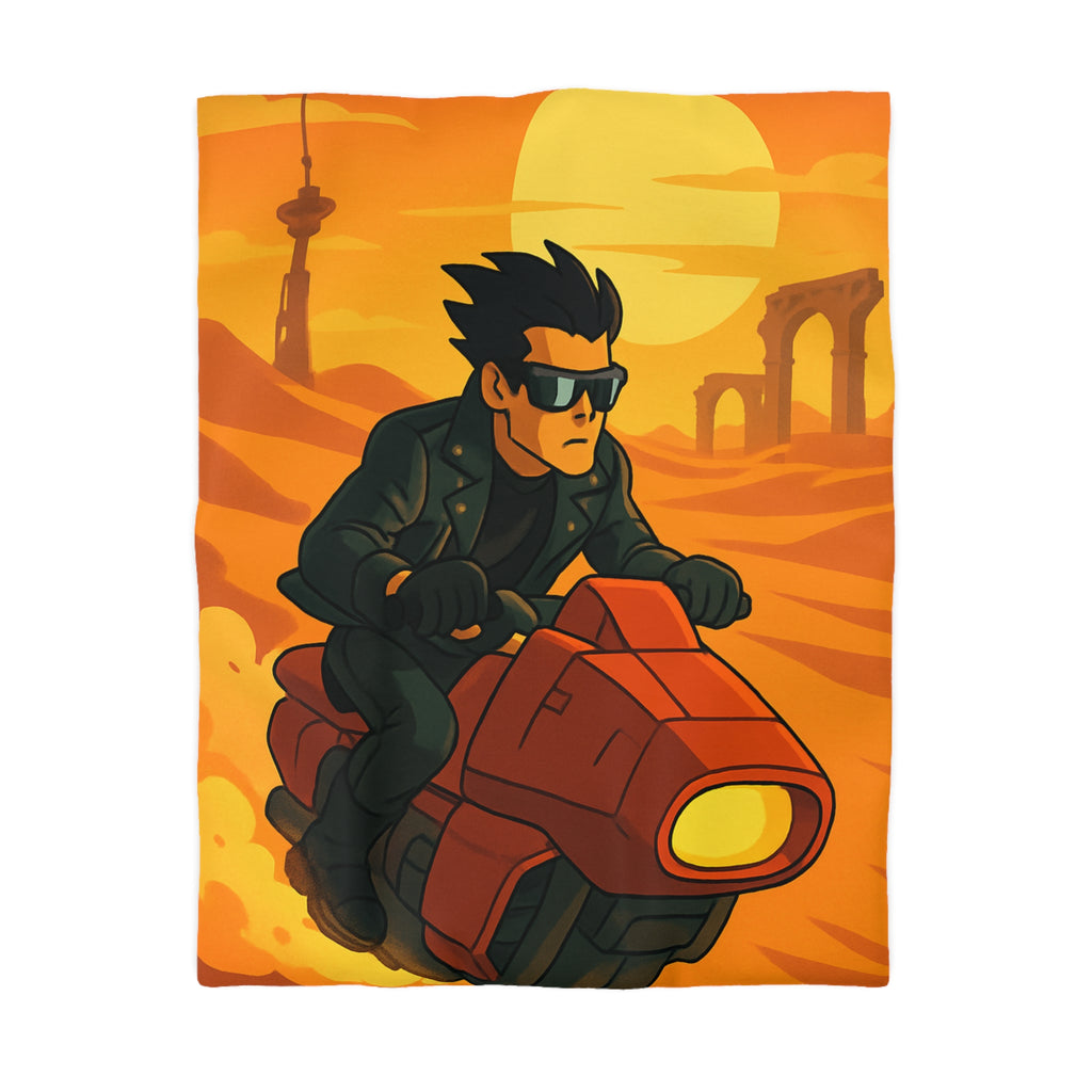 Housse de couette moto futuriste sur désert orangé avec soleil couchant et ruines