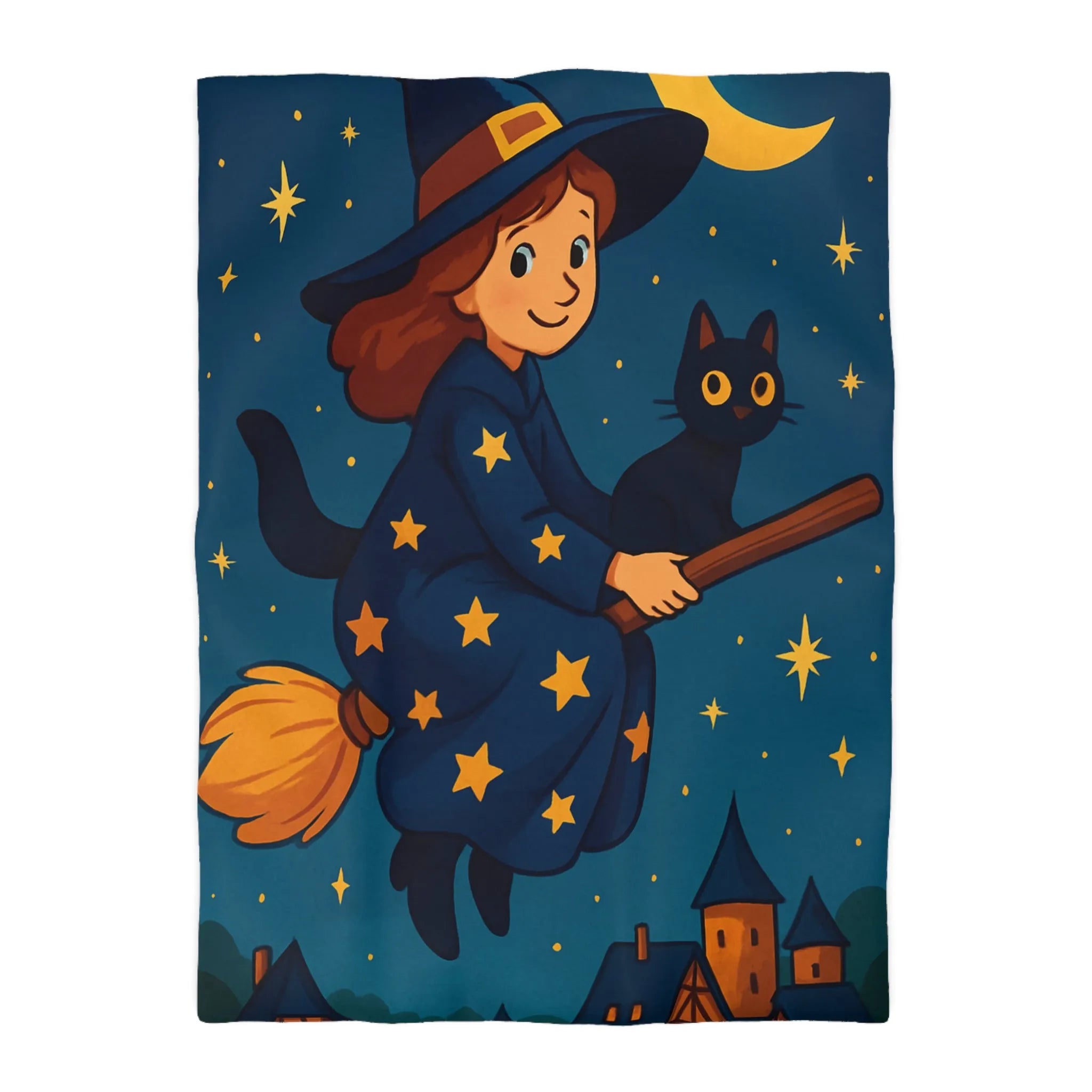 Housse de Couette Enfant Fantaisie Sorcière et Chat Noir sur Balai Nocturne