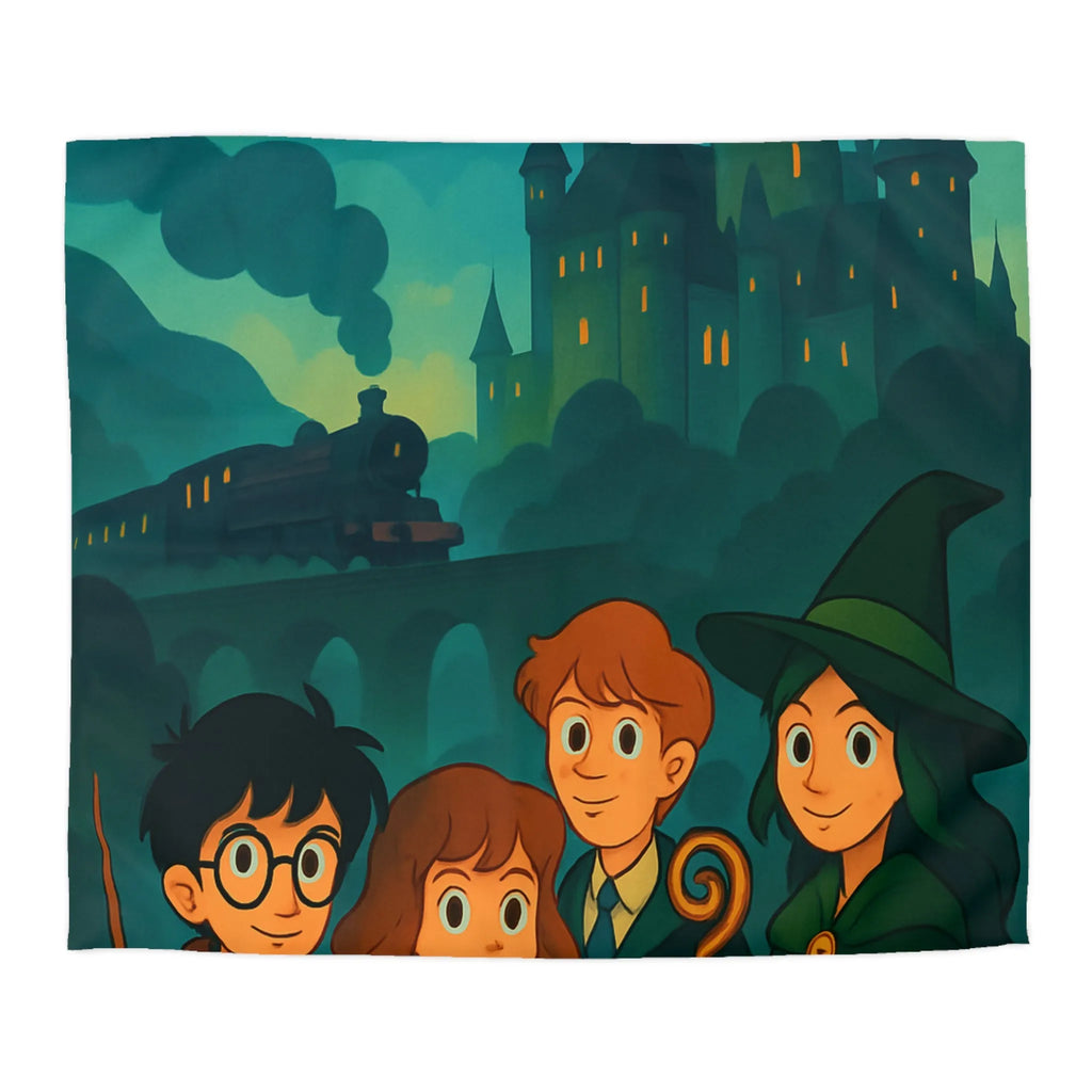 Housse de couette magique avec château et étudiants en sorcellerie dans une forêt enchantée