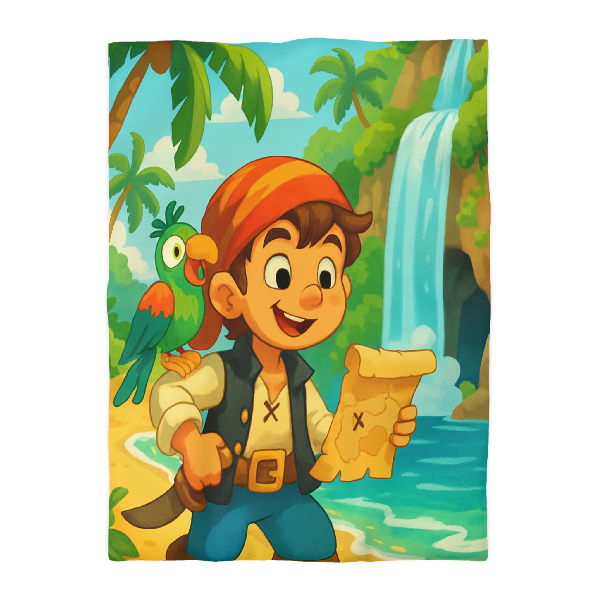 Housse de Couette Pirate Enfantine avec Perroquet, Carte au Trésor, Cascade et Plage