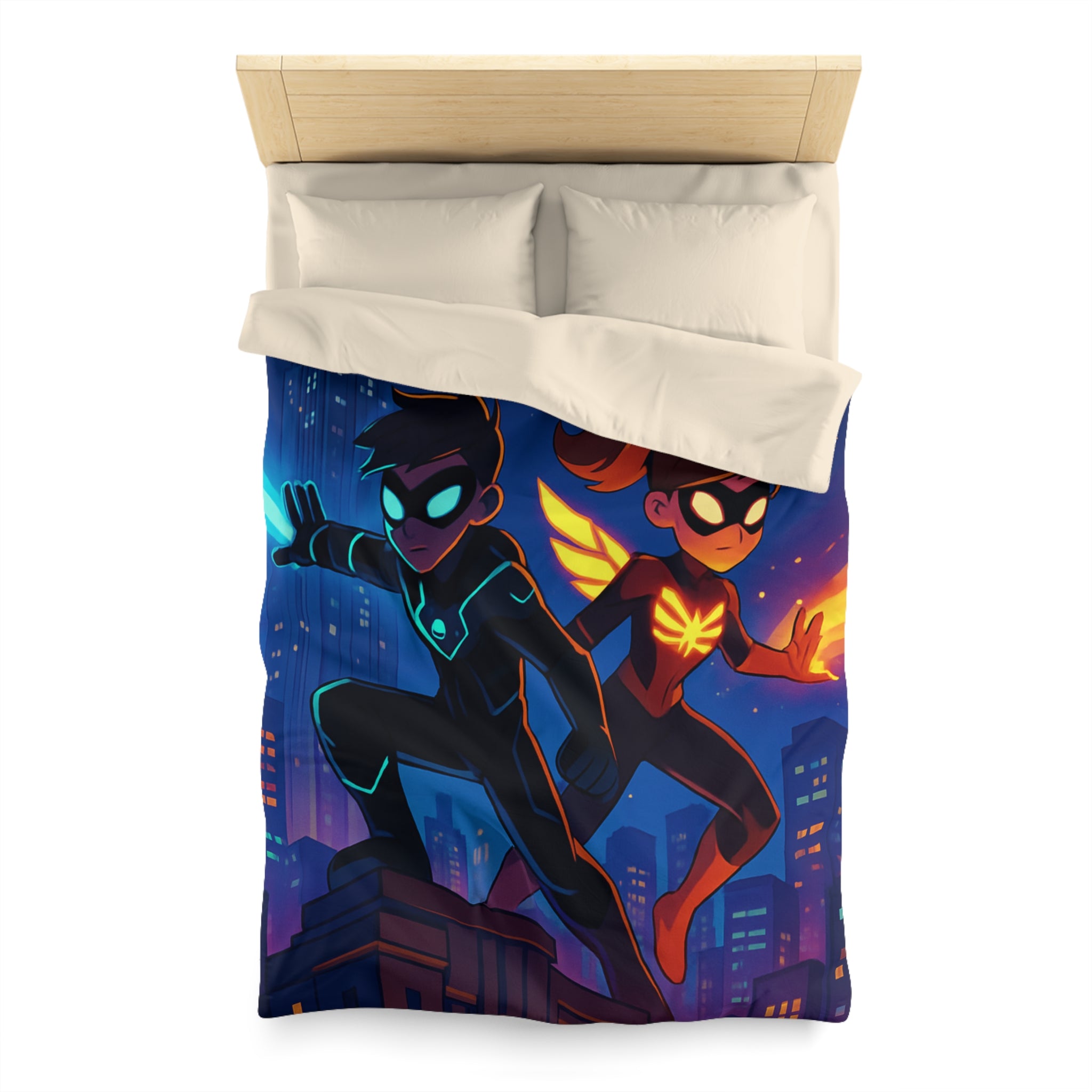 Housse de couette super-héros urbain : ambiance dynamique, couleurs vives, motifs modernes et audacieux