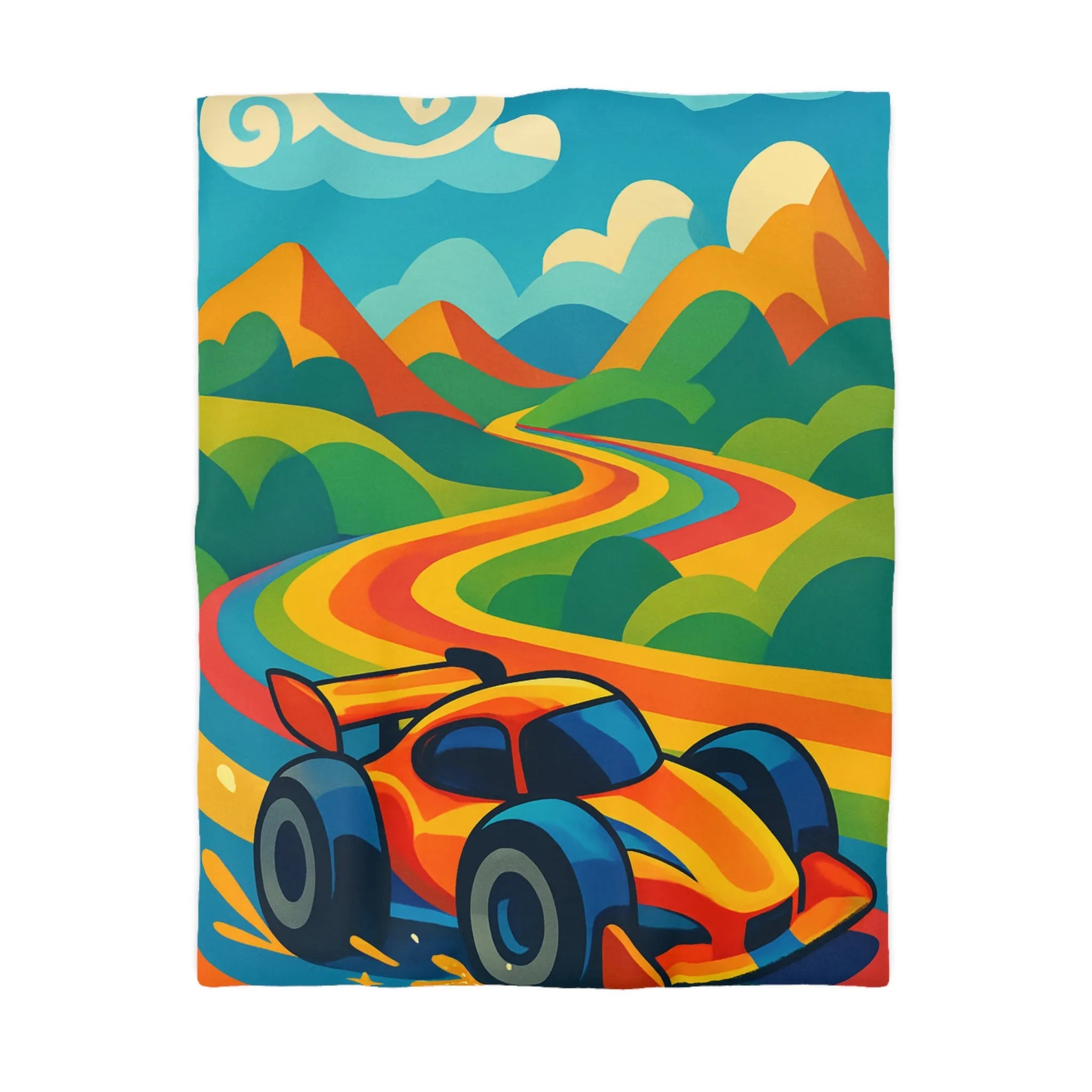 Housse de Couette Colorée avec Voiture de Course et Collines Arc-en-ciel Ensoleillées