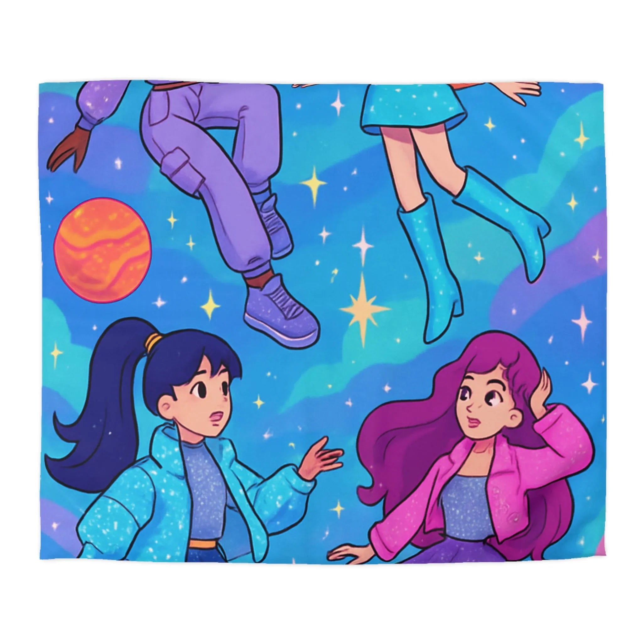 Housse de couette colorée avec filles dans l'espace et étoiles scintillantes joyeuses