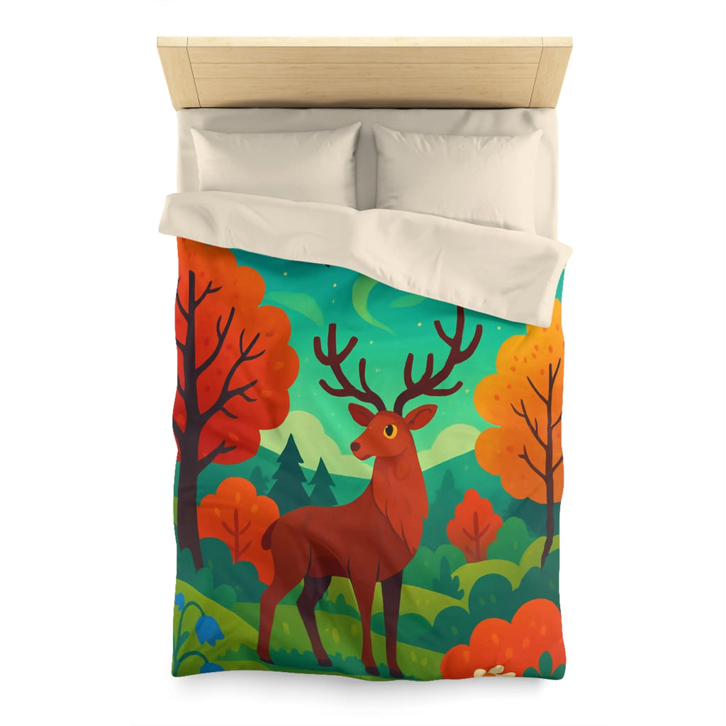 Housse de Couette Illustrée : Cerf Enchanté et Aurore Boréale dans Forêt Féérique