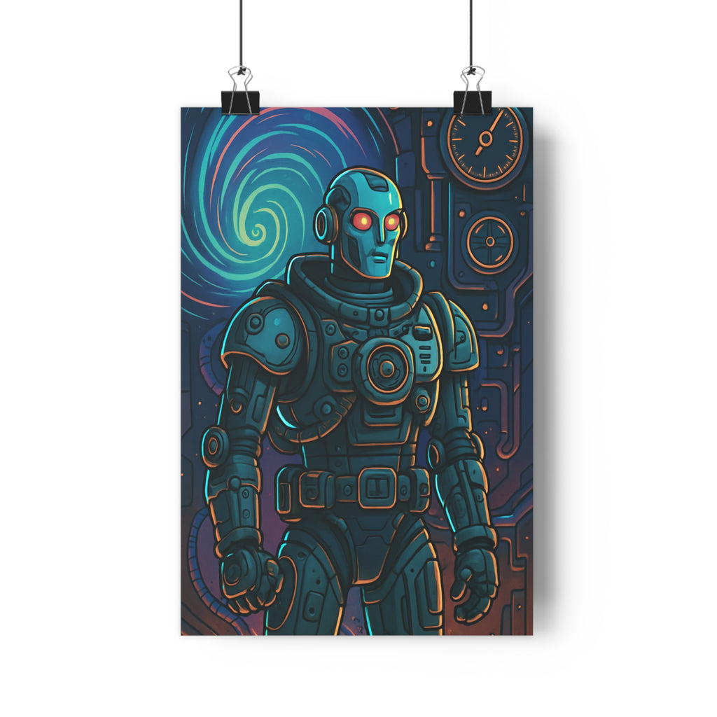 Poster décoratif futuriste bleu orange robot mystérieux rétrofuturiste chambre enfant salon unique qualité premium