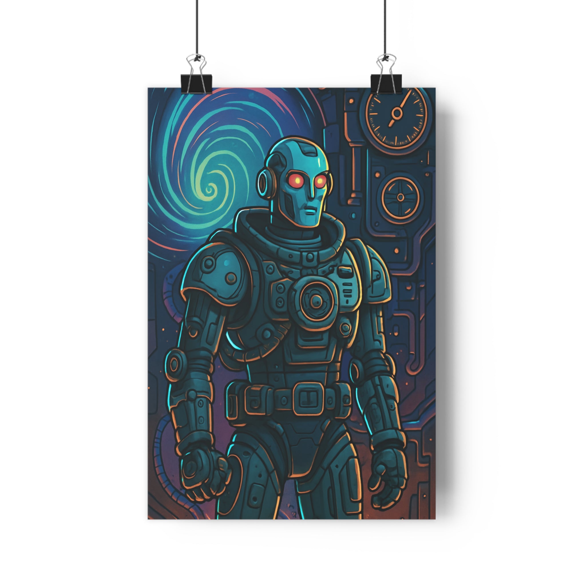 Poster décoratif futuriste bleu orange robot mystérieux rétrofuturiste chambre enfant salon unique qualité premium