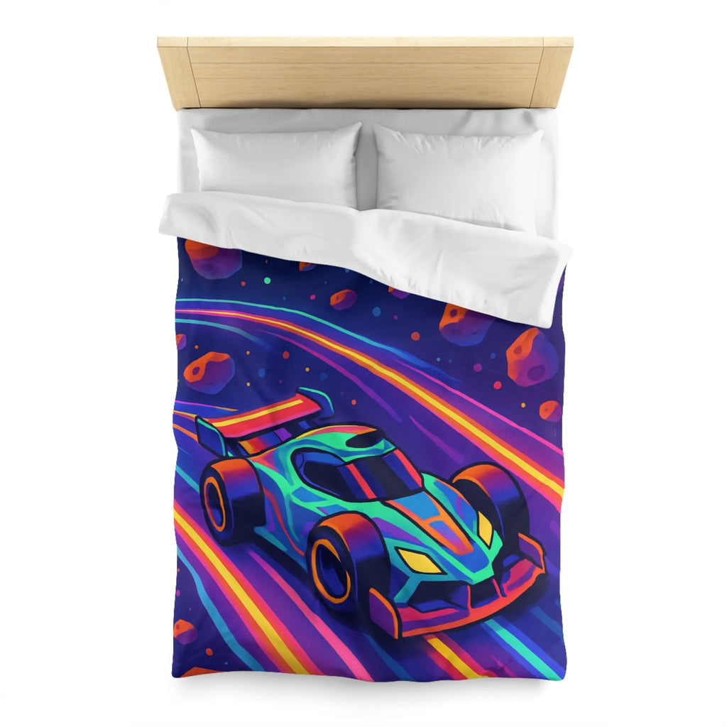 Éblouissante Housse de Couette avec Voiture Néon Galactique et Planètes Colorées