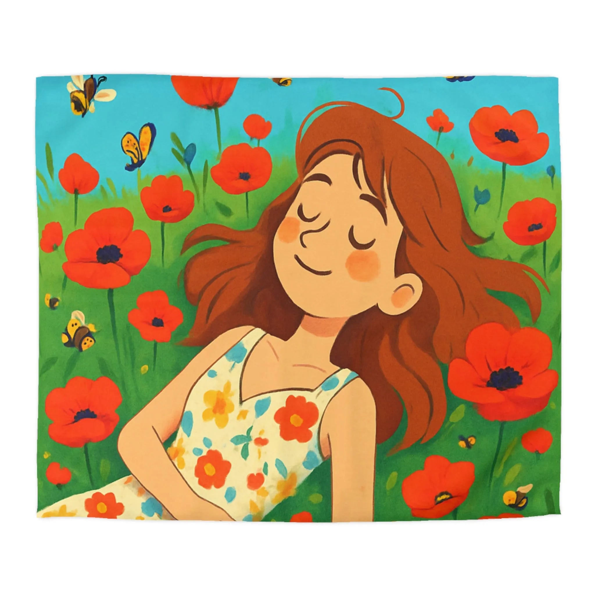 Housse de couette colorée avec motif floral et personnage rêveur en été ensoleillé