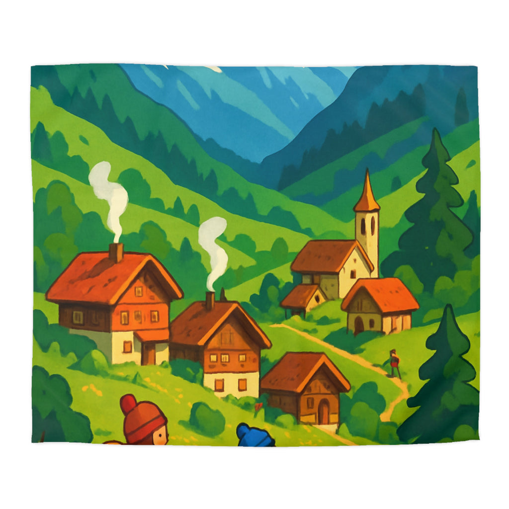 Housse de Couette Montagne avec Aventureurs, Chalets et Paysage Montagnard Enneigé