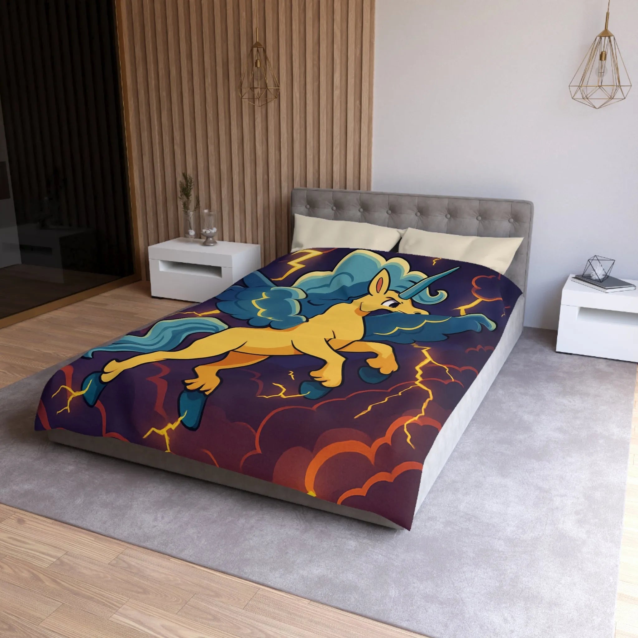 Housse de Couette Fantaisie Licorne Ailée avec Nuages Orageux et Éclairs Majestueux