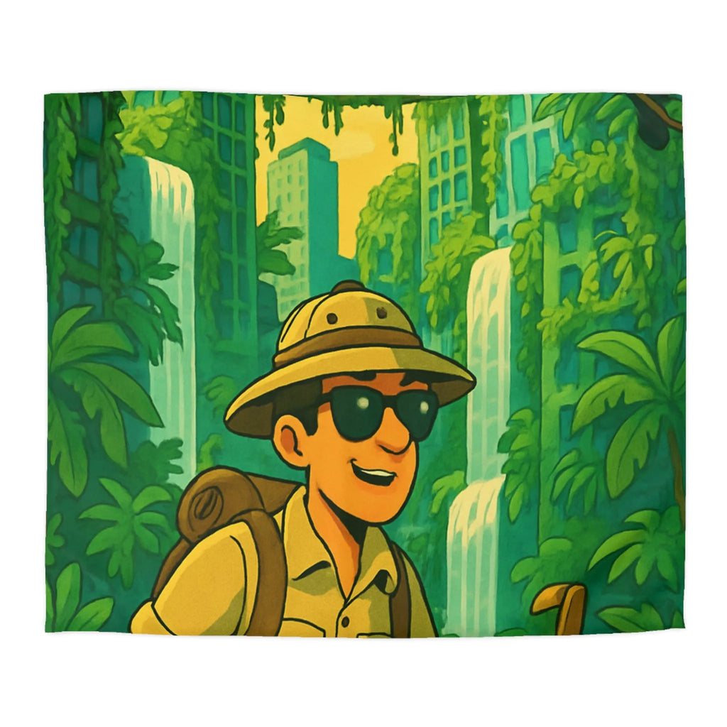 Housse de Couette Aventure Tropicale Multicolore avec Explorateur et Faune Luxuriante