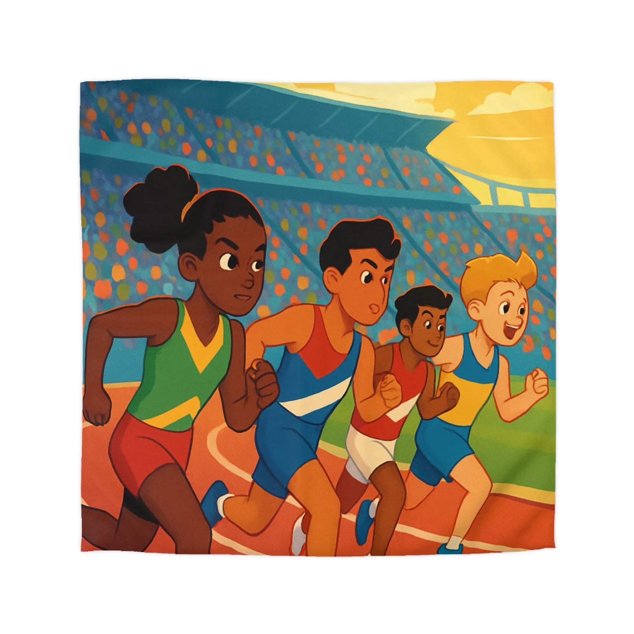 Housse de couette illustrée course d’athlétisme enfants vibrant soleil dynamique