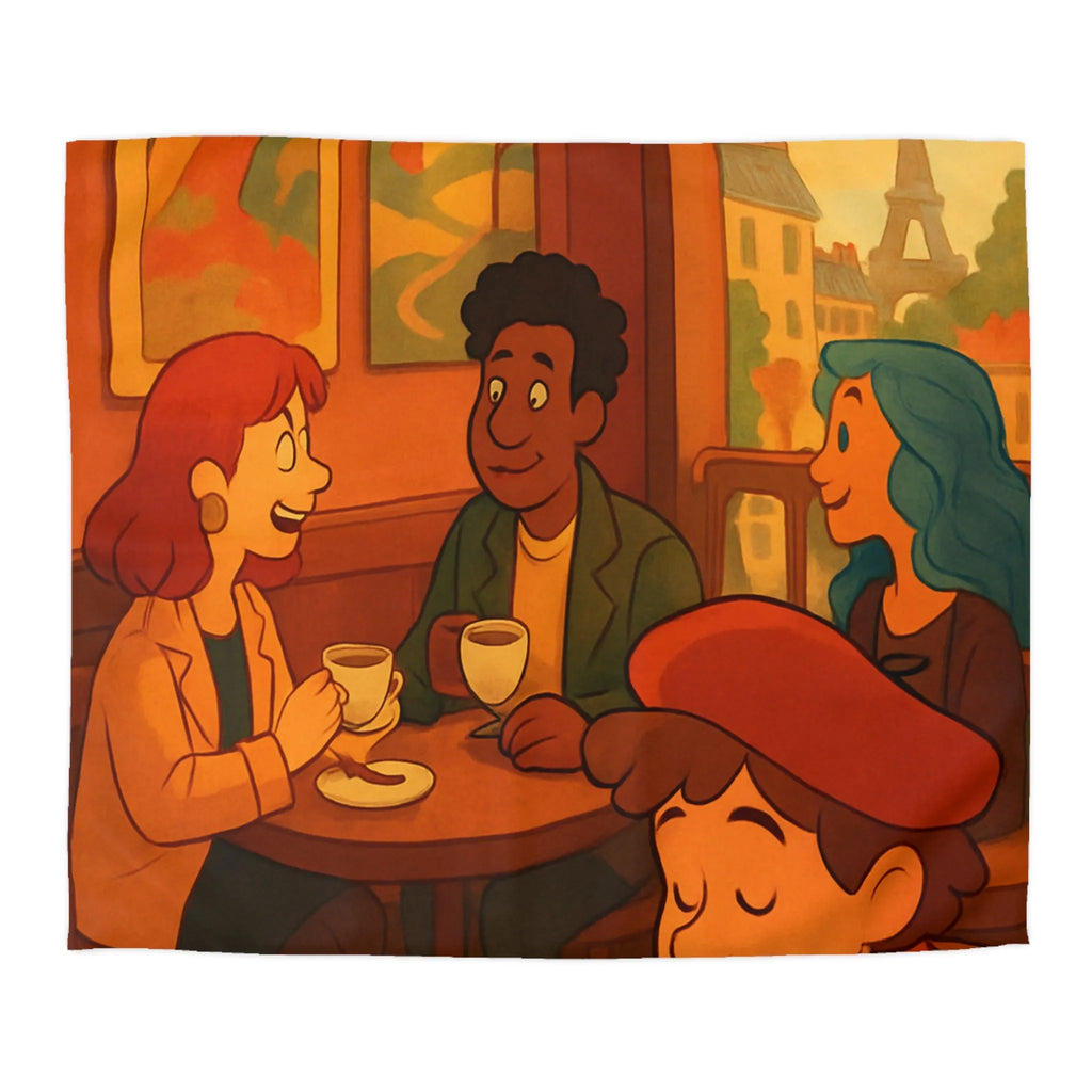 Charmante illustration de café parisien avec vue sur la Tour Eiffel en arrière-plan