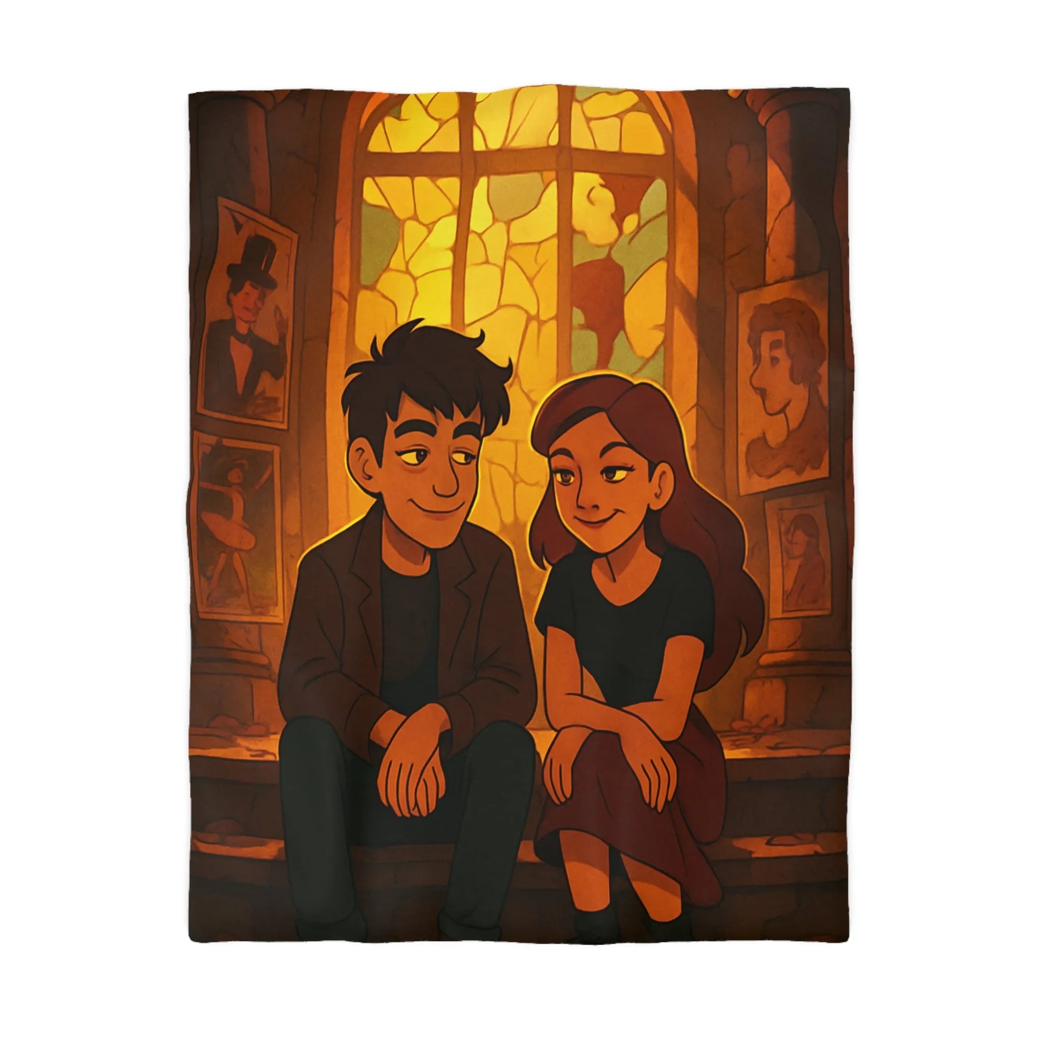 Housse de couette avec illustration romantique de couple devant vitrail chaleureux et intime