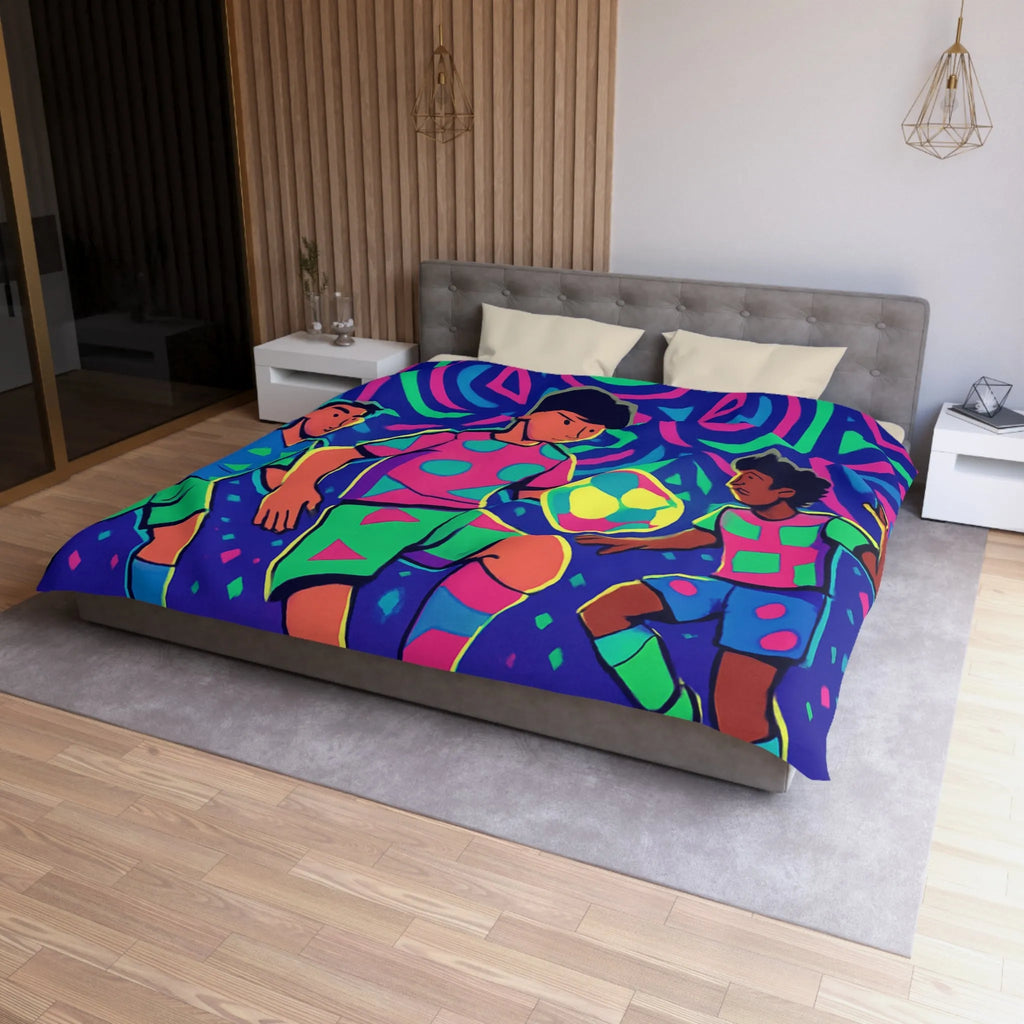 Housse de Couette Football Colorée avec Motifs Psychédéliques et Jeunes Joueurs en Action