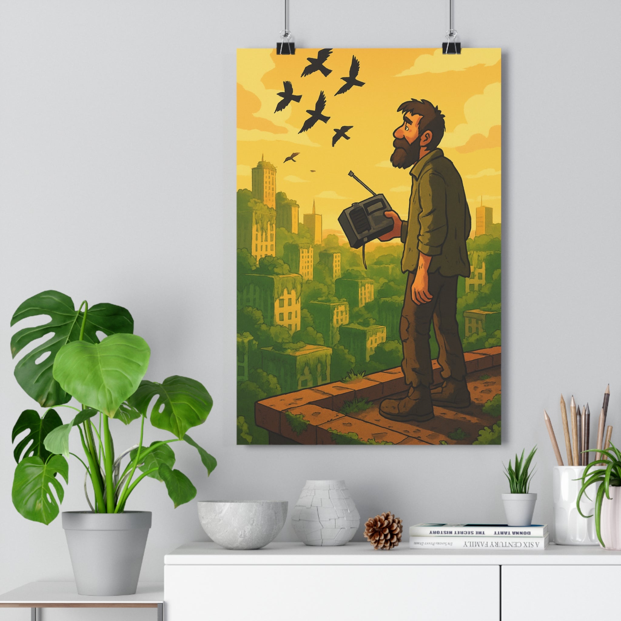 Poster décoratif cartoon aventure barbu talkiewalkie ruine végétation doré salon bureau ambiance captivante qualité