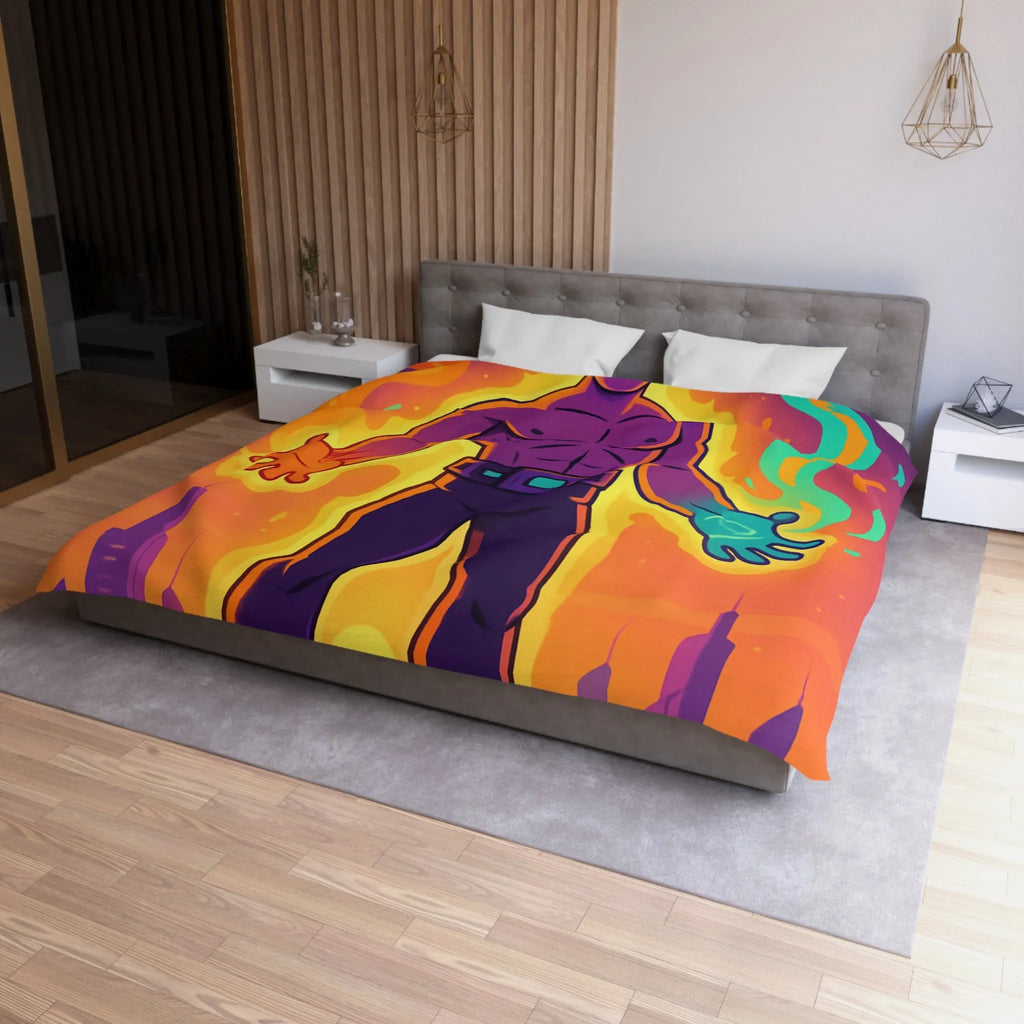 Housse de couette avec héros des éléments enflammés et lumineux sur fond de ville