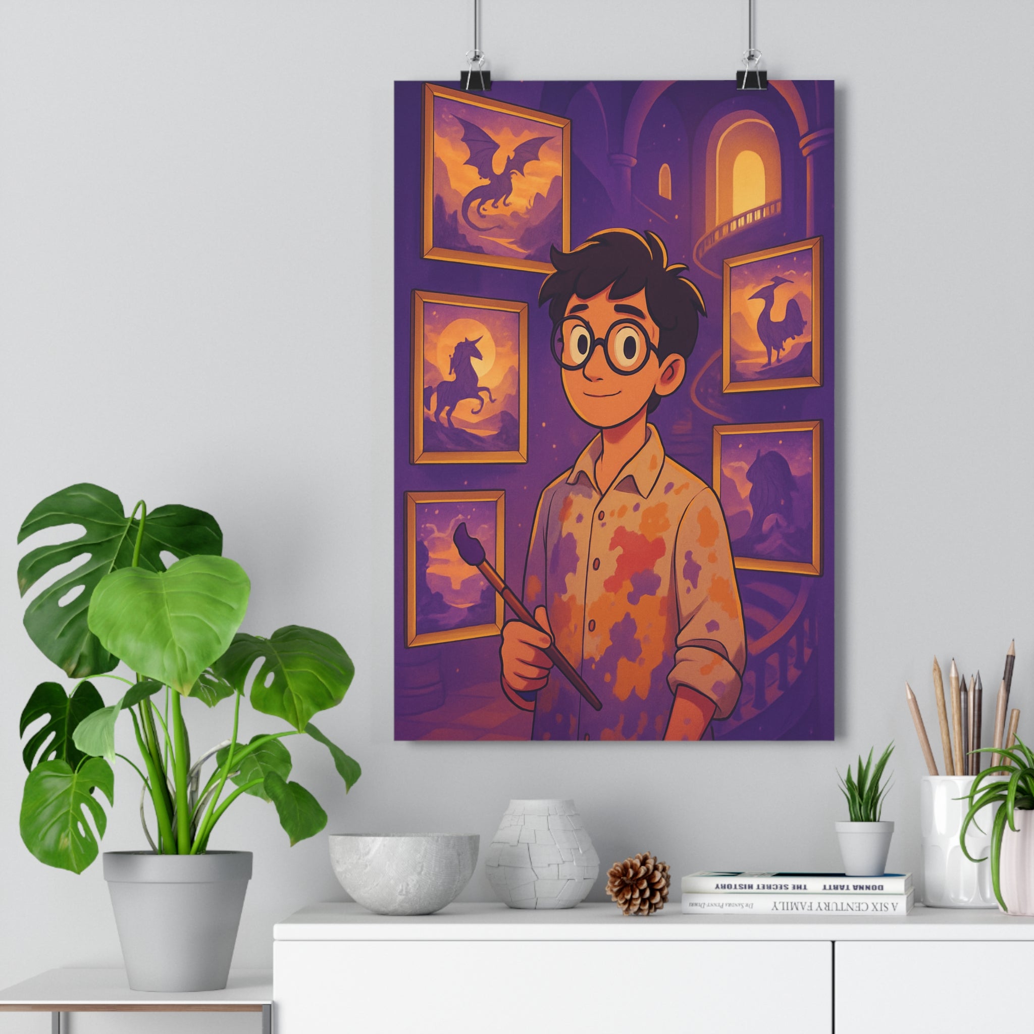 Poster décoratif créatif violet orange cartoon mystique enfant chambre format 30x46 ambiance magique qualité