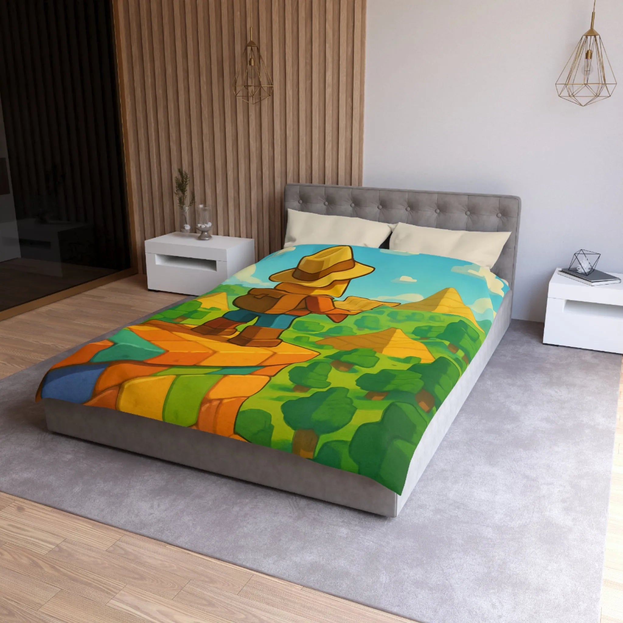 Housse de Couette Ludique Aventure Pixelisée Explorateur Carte Forêt Pyramide Enfant