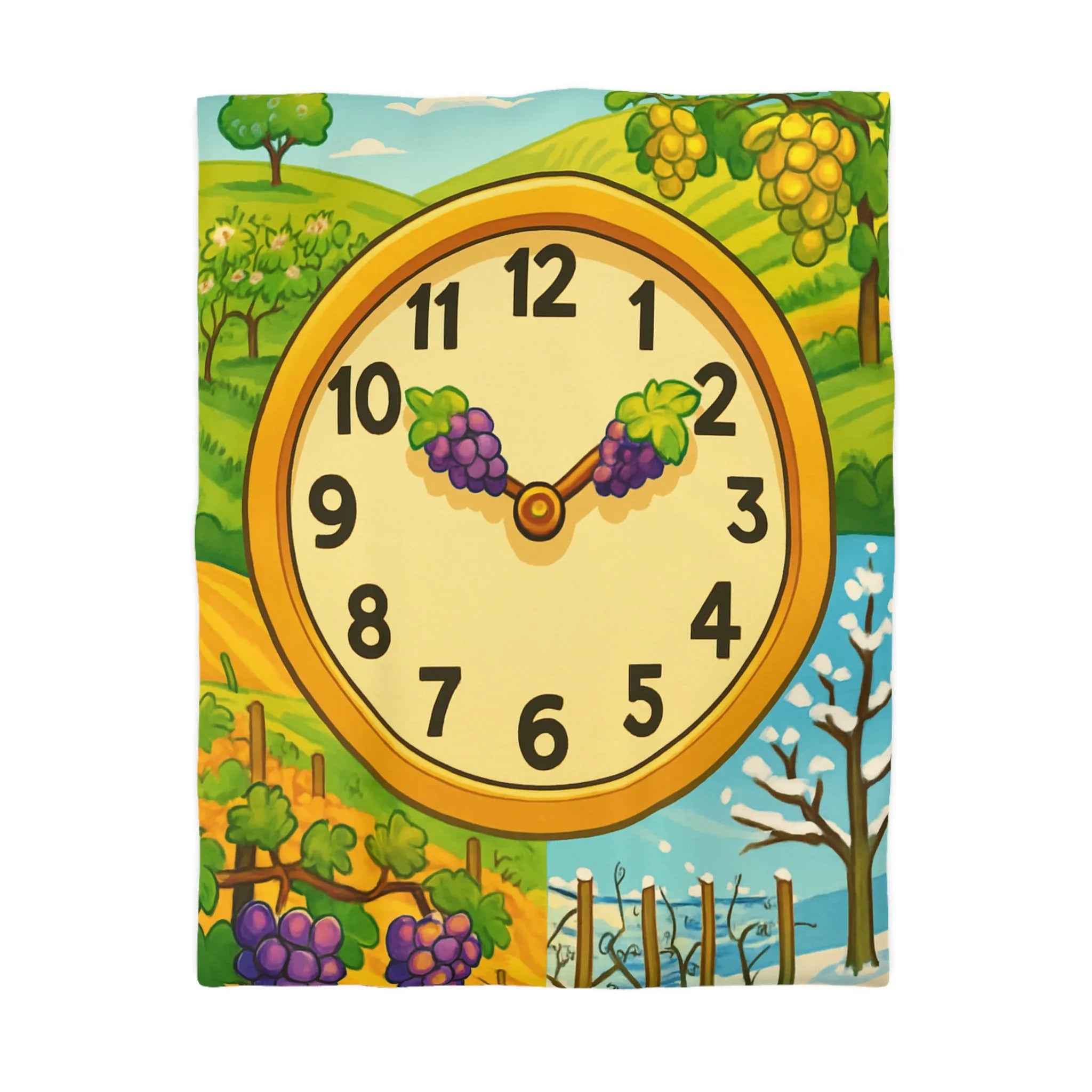 Housse de couette illustrant les quatre saisons avec un cadran vinicole coloré et vibrant