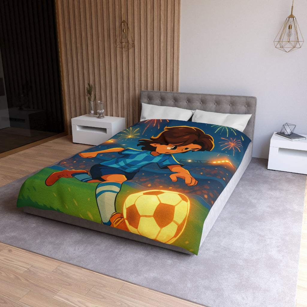 Housse de couette vibrante avec joueur de football animé et feux d'artifice