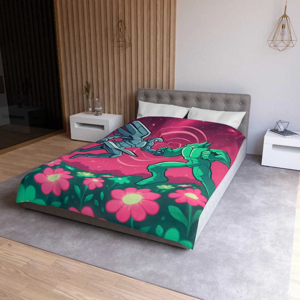 Housse de couette illustrée super-héros ailé avec scène de combat cosmique floral coloré