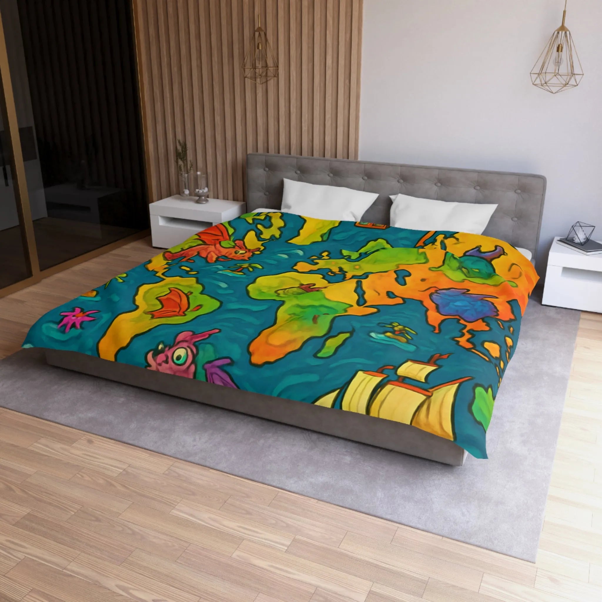 Housse de couette carte monde fantastique avec dragons et bateaux pour enfant