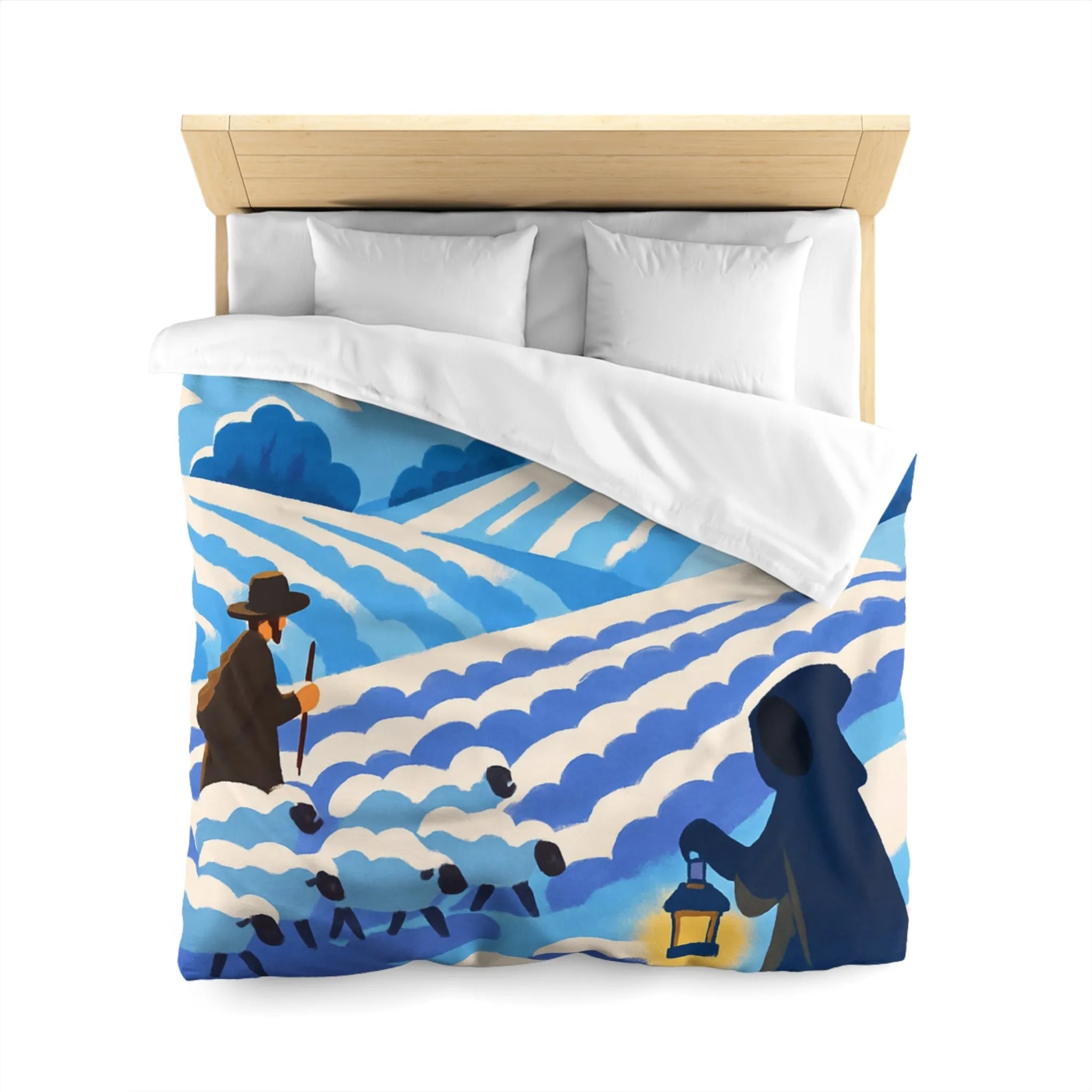 Housse de couette champêtre avec berger, moutons et moulin dans un paysage rêveur