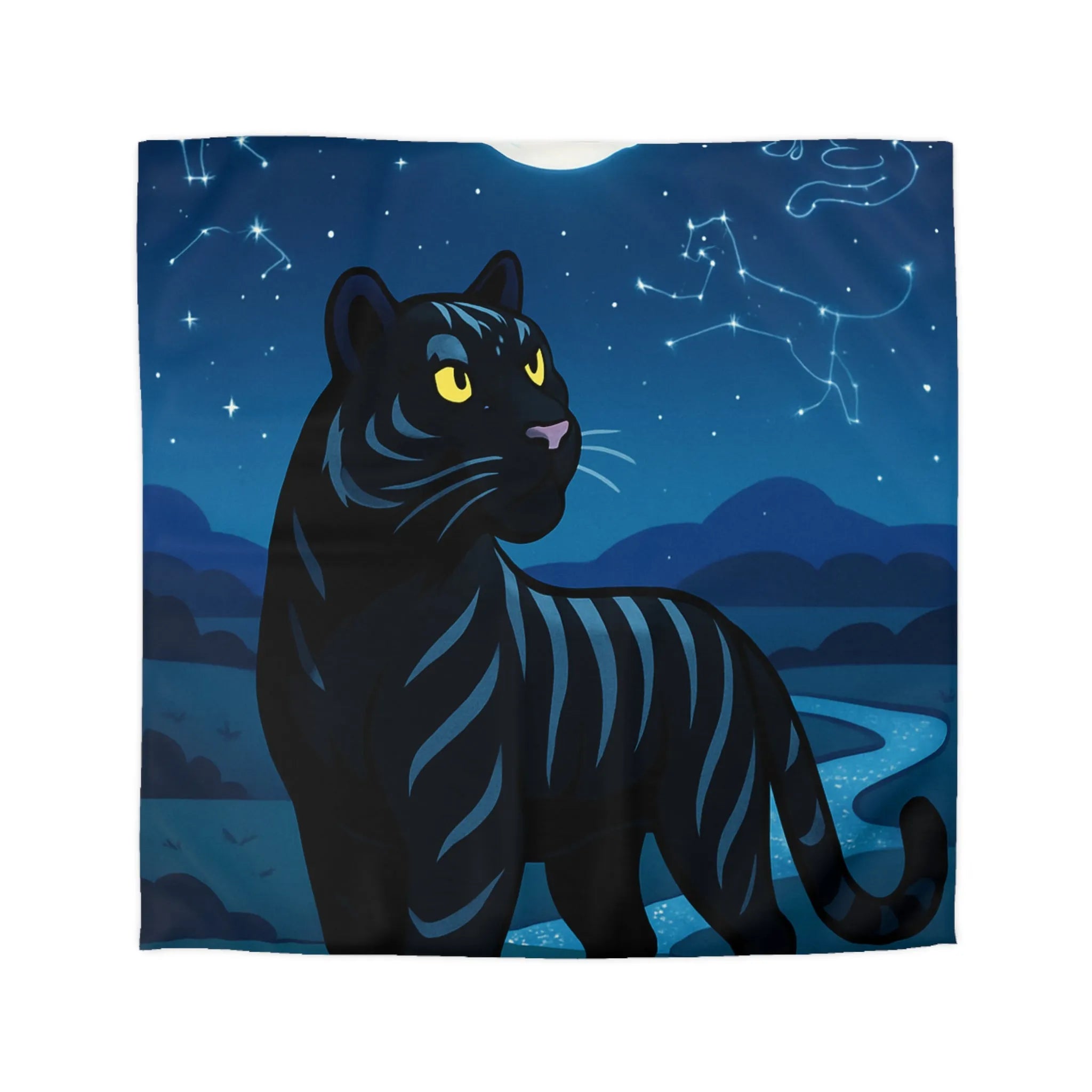 Housse de couette étoilée : Chat noir constellé sous une pleine lune éclatante