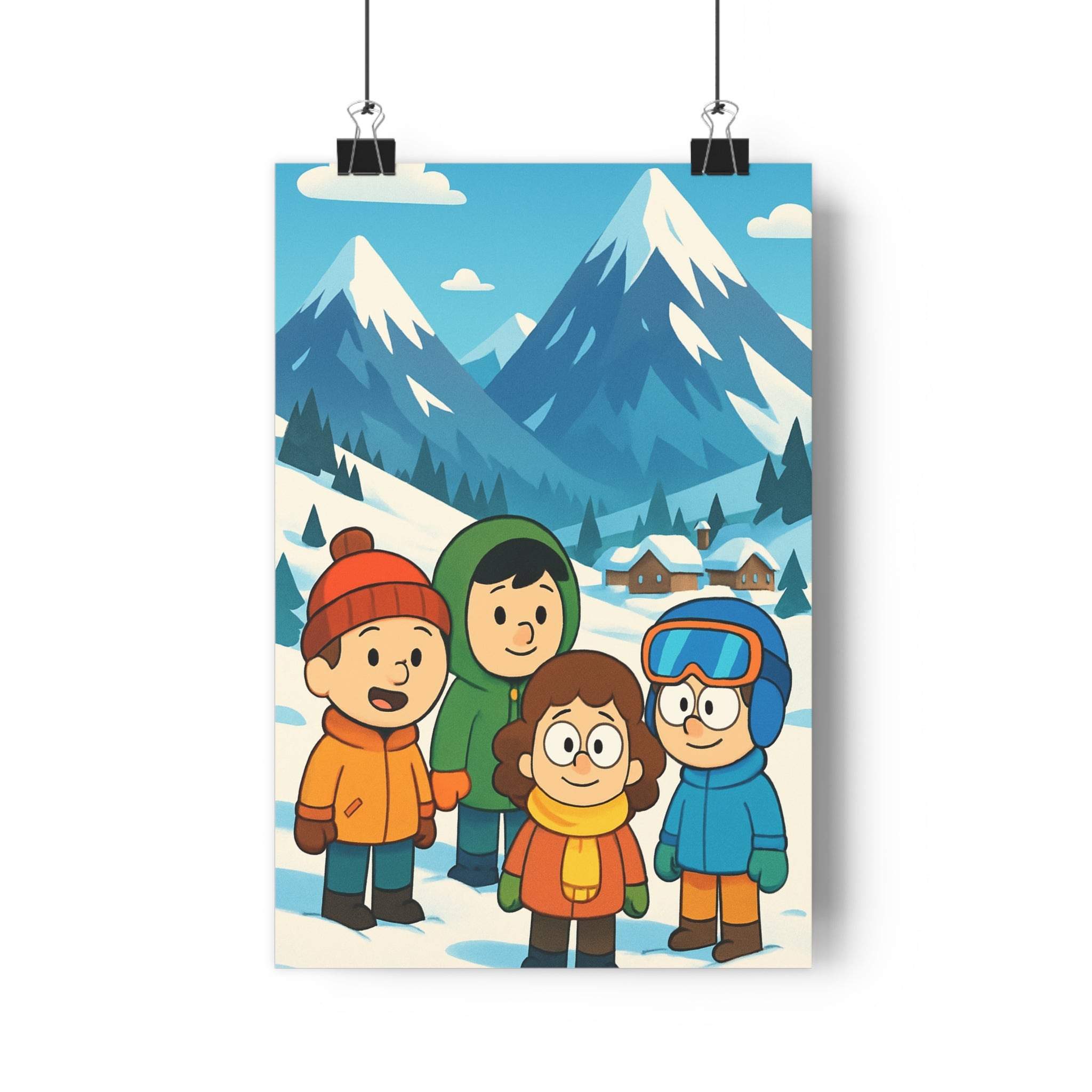 Poster décoratif cartoon joyeux enfants hiver montagne alpine chambre salon coloré amusant paysage qualité