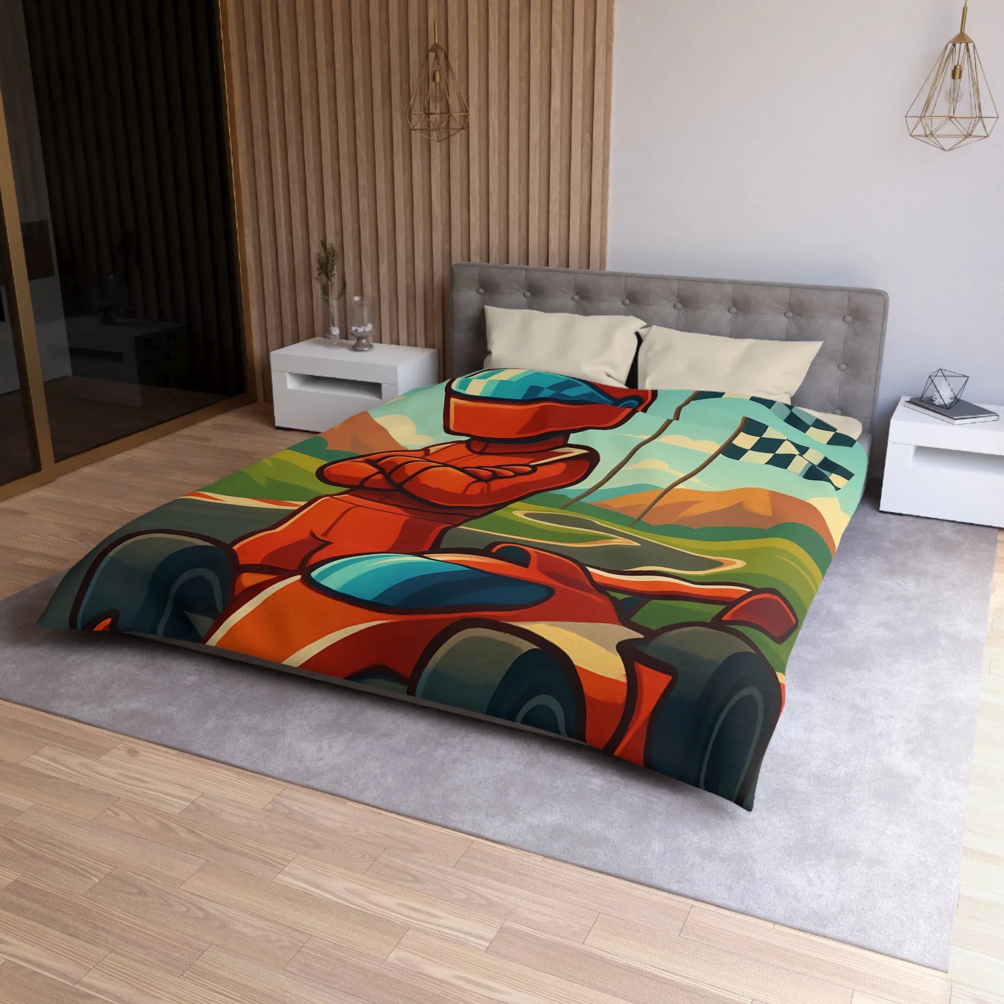 Housse de Couette avec Motif de Voiture de Course et Paysage Coloré pour Enfants