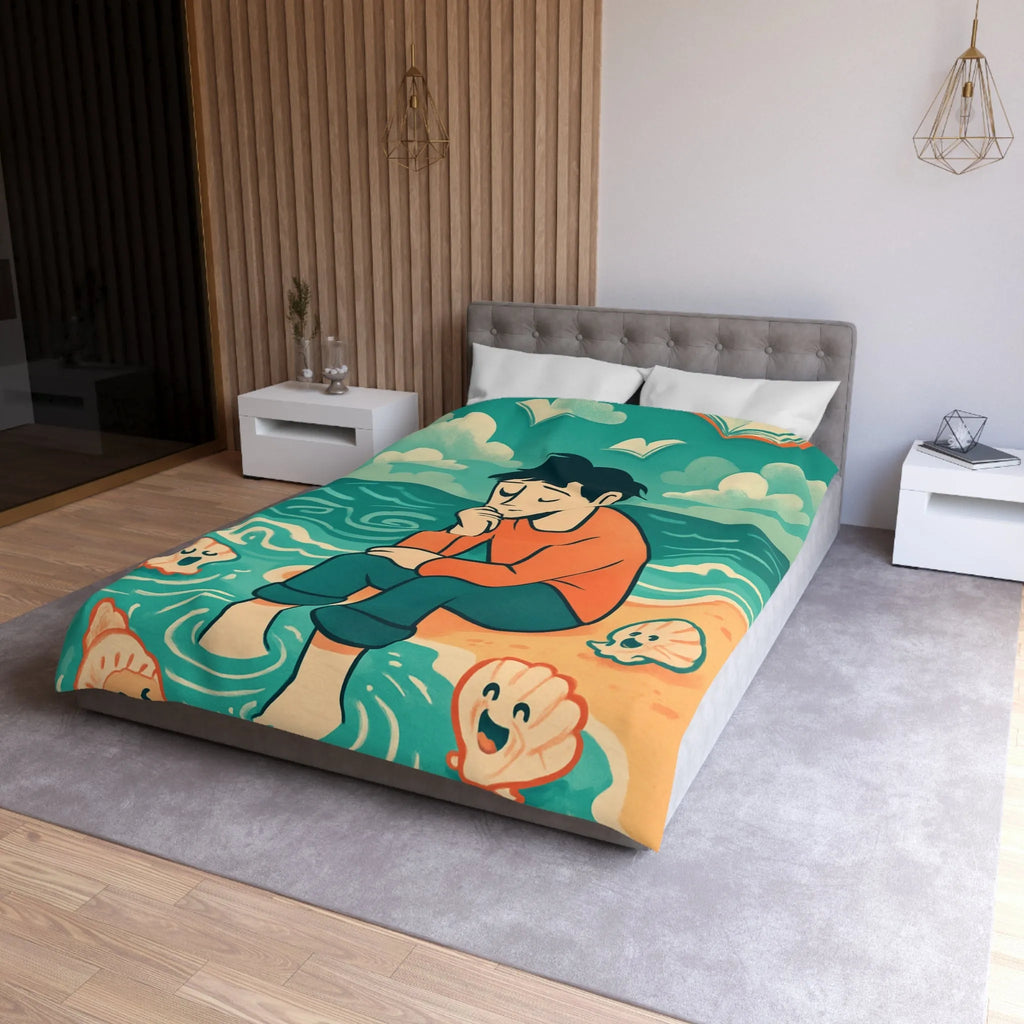 Housse de couette avec illustration rêveuse garçon pensif et coquillages joyeux sur plage