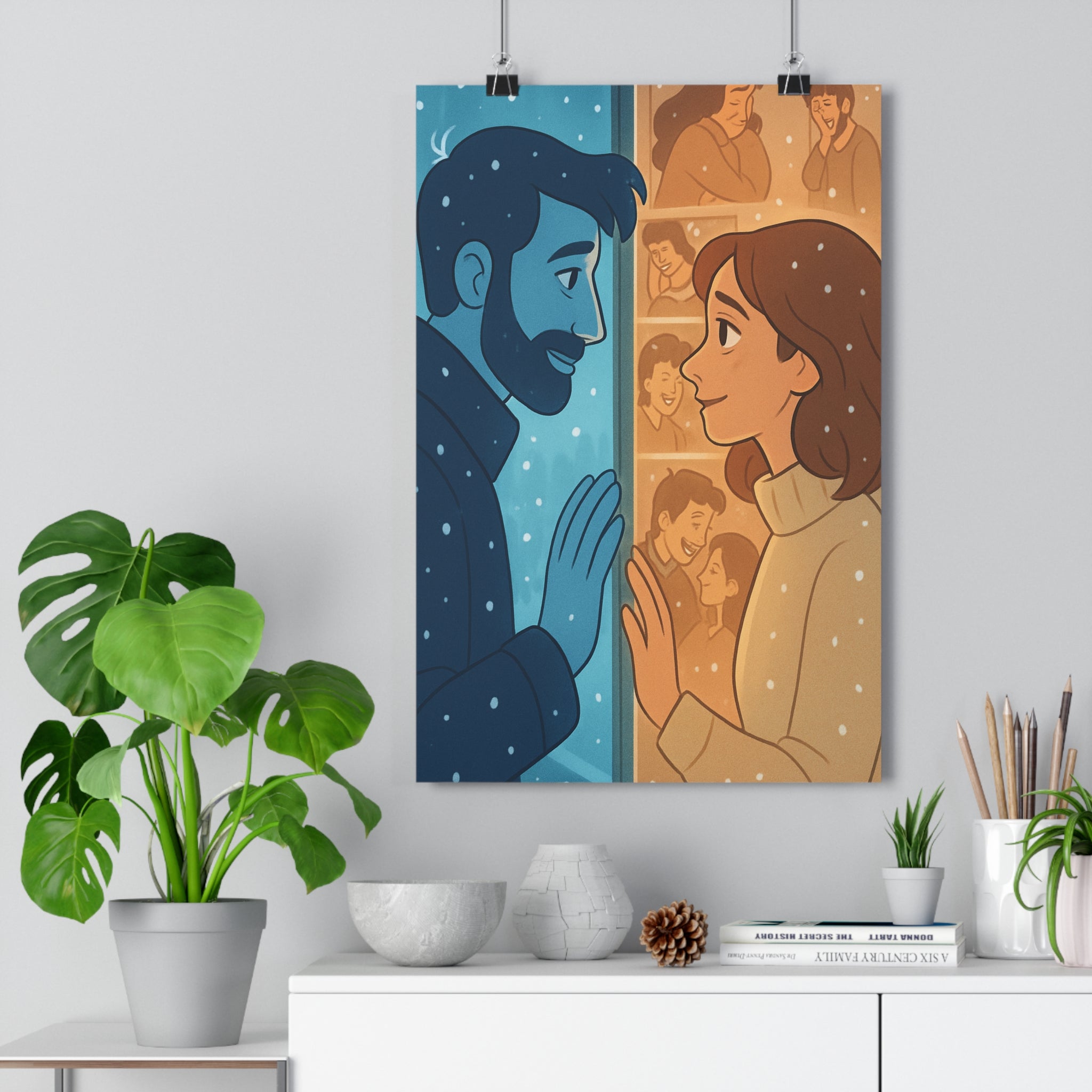 Poster décoratif connexion bleu orange hiver chaleureux moderne salon chambre ambiance artistique élégant qualité