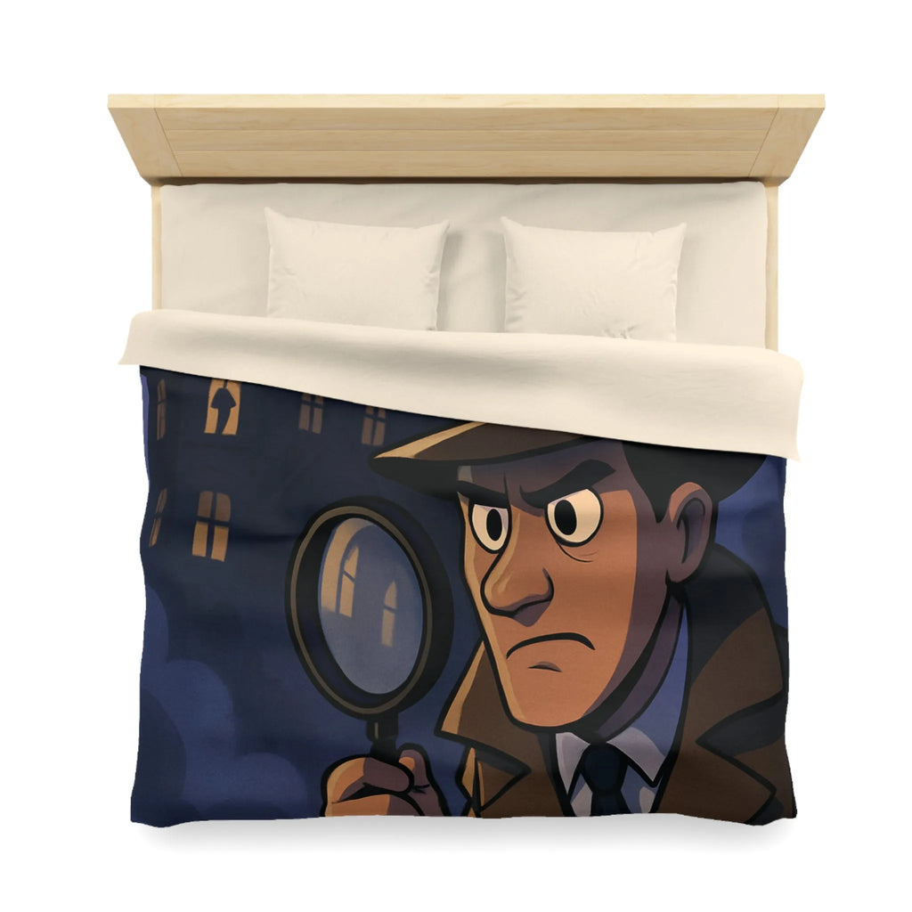 Housse de couette avec détective en enquête devant un manoir hanté mystérieux