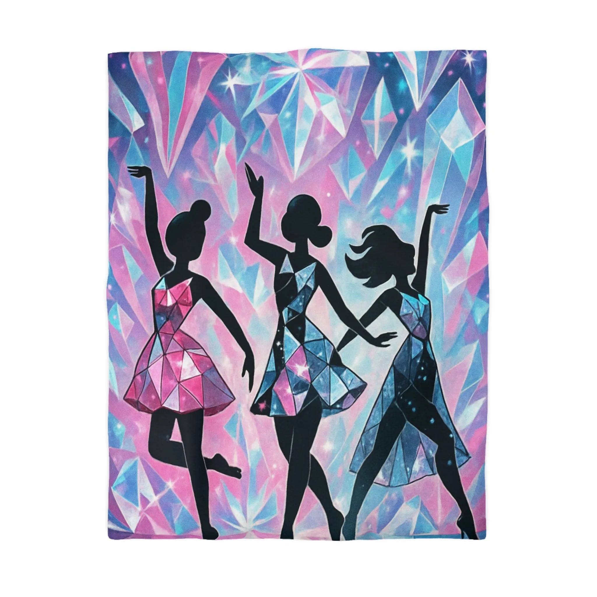 Élégantes silhouettes de danseuses avec motifs géométriques sur fond cristallin scintillant