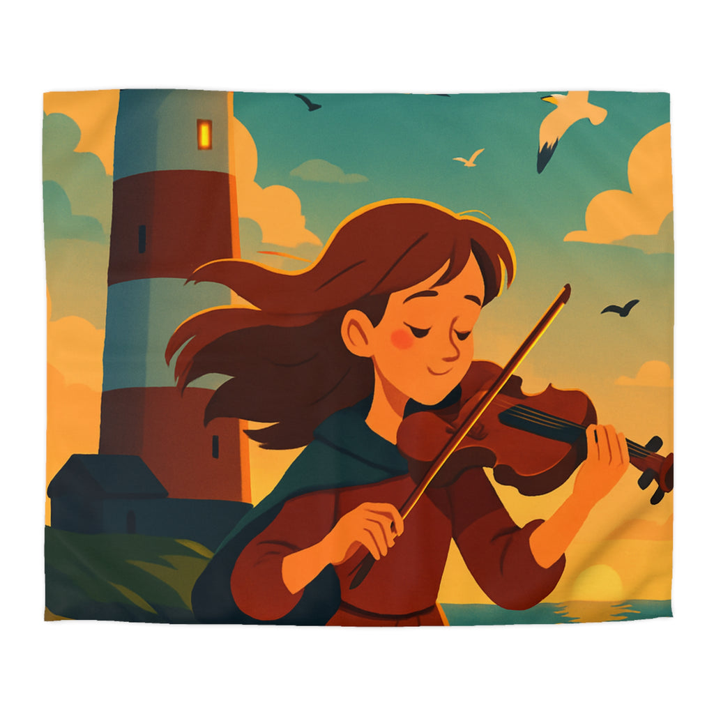 Housse de Couette Unique avec Fille Jouant du Violon Devant un Phare au Crépuscule